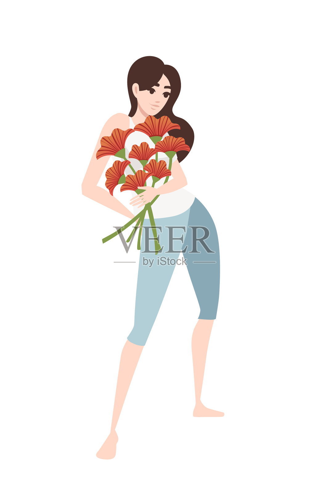 妇女们穿着休闲装捧着一束插画图片素材