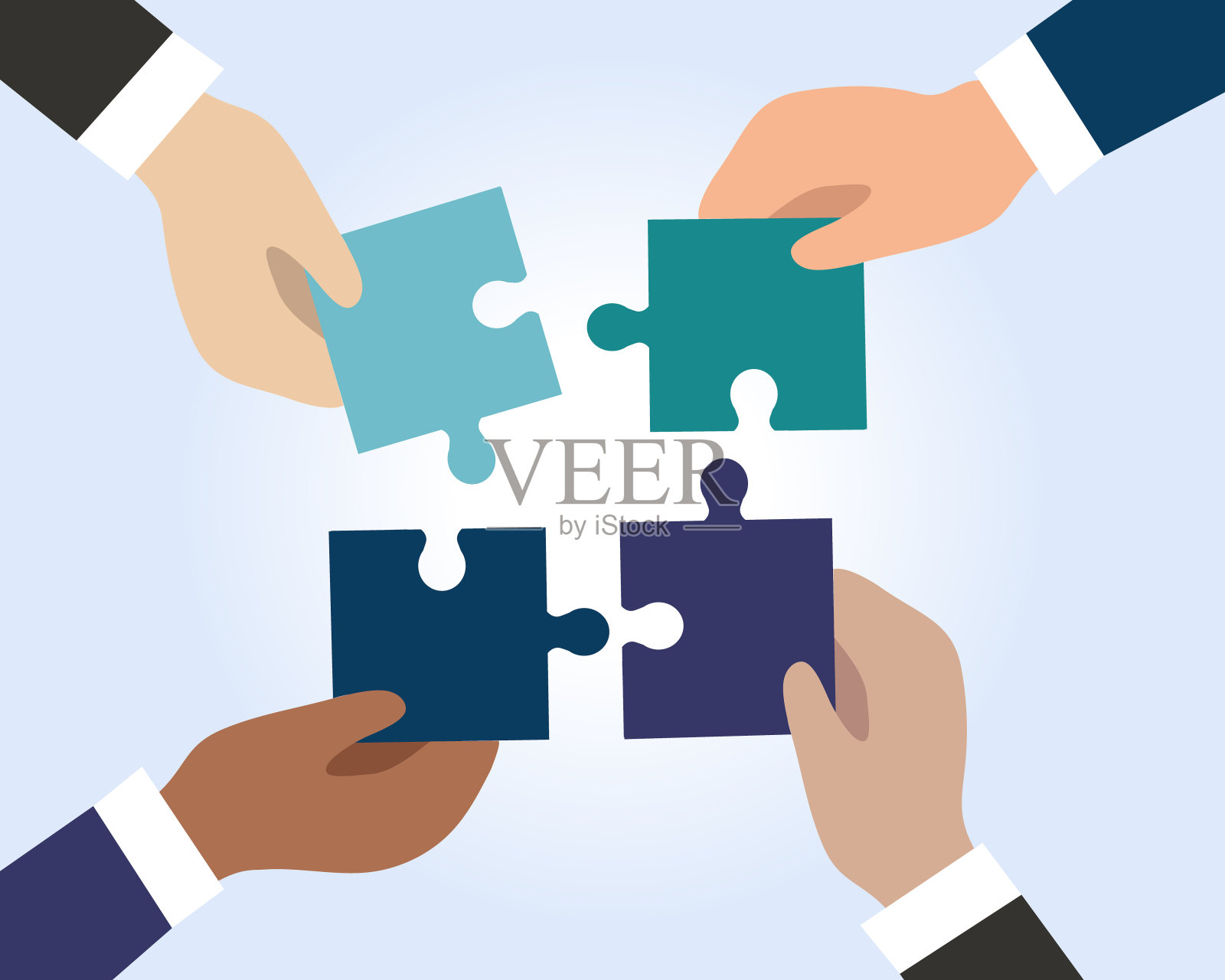 商人的双手将拼图的碎片连接成一个整体。成功商业团队合作的概念。伙伴关系与合作。矢量平面设计。插画图片素材
