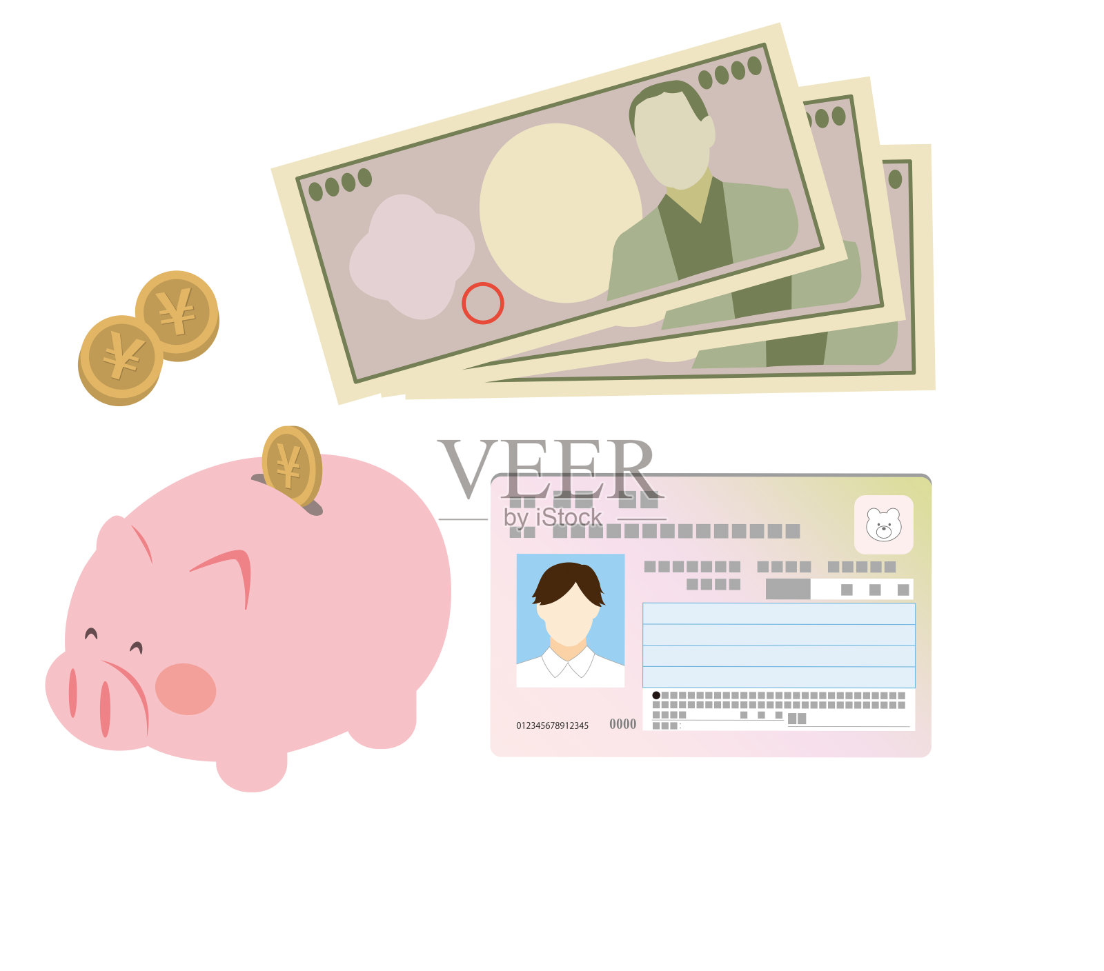 插图一套钱和储蓄罐和我的号码卡插画图片素材