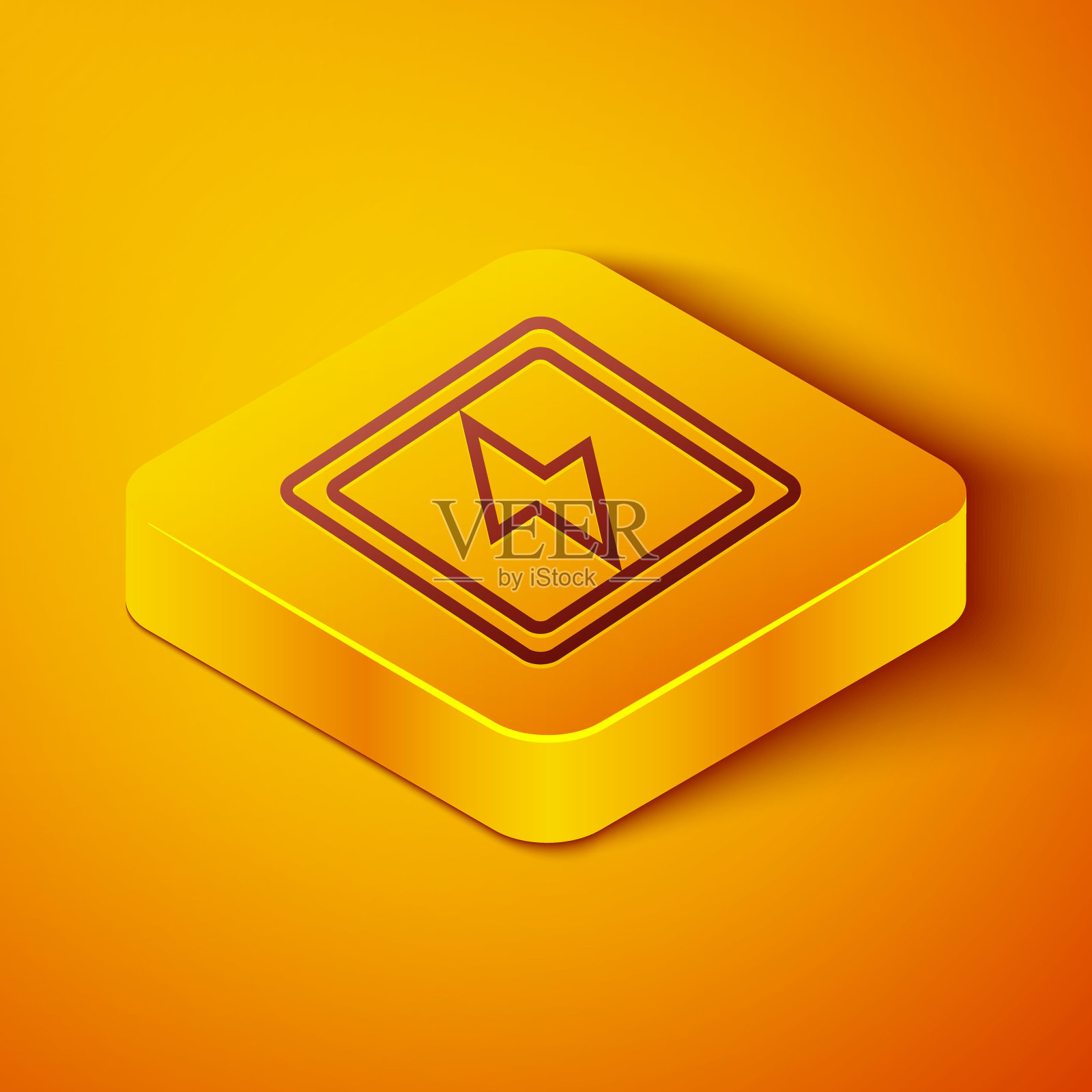 等距线闪电螺栓图标隔离在橙色背景。Flash的迹象。闪电图标。雷击。照明罢工。黄色正方形按钮。矢量图插画图片素材