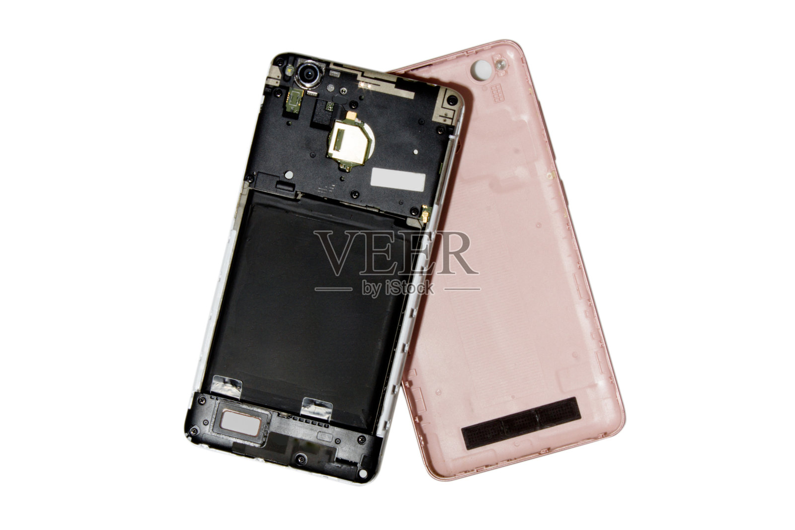 智能手机和后盖取下，俯视图。照片摄影图片