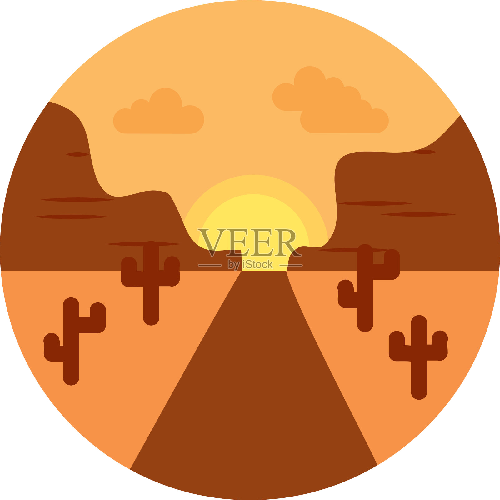 沙漠道路和日落景观平坦风格设计元素图片