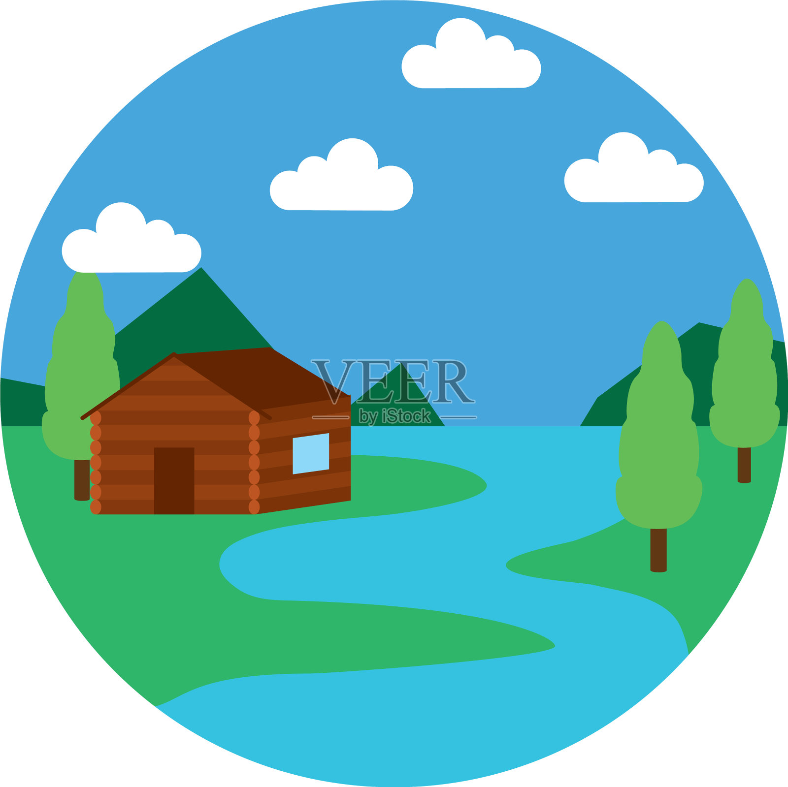 河流和木屋景观图标扁平化风格设计元素图片