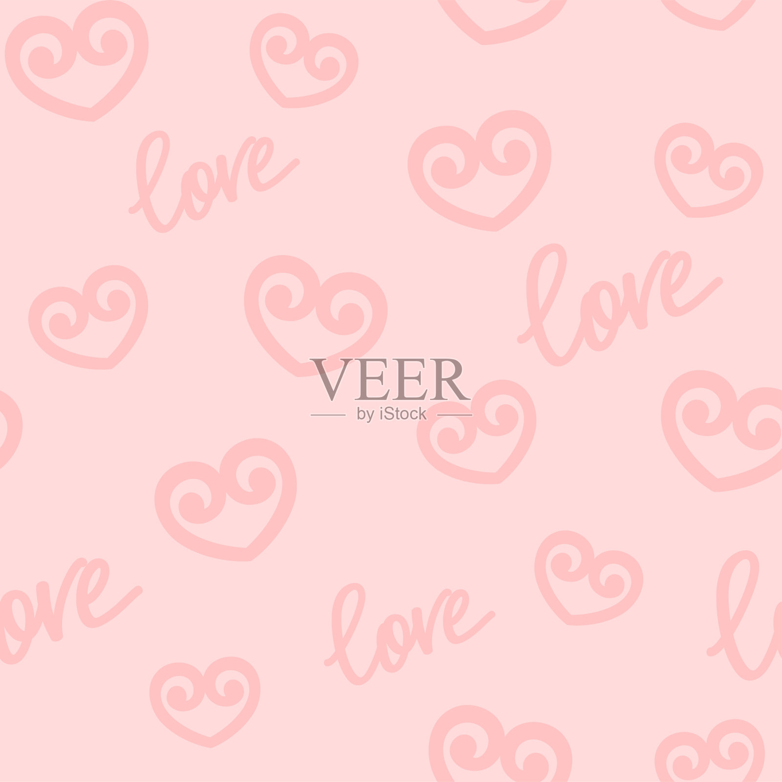 无缝粉色背景与心和爱的手写字母插画图片素材