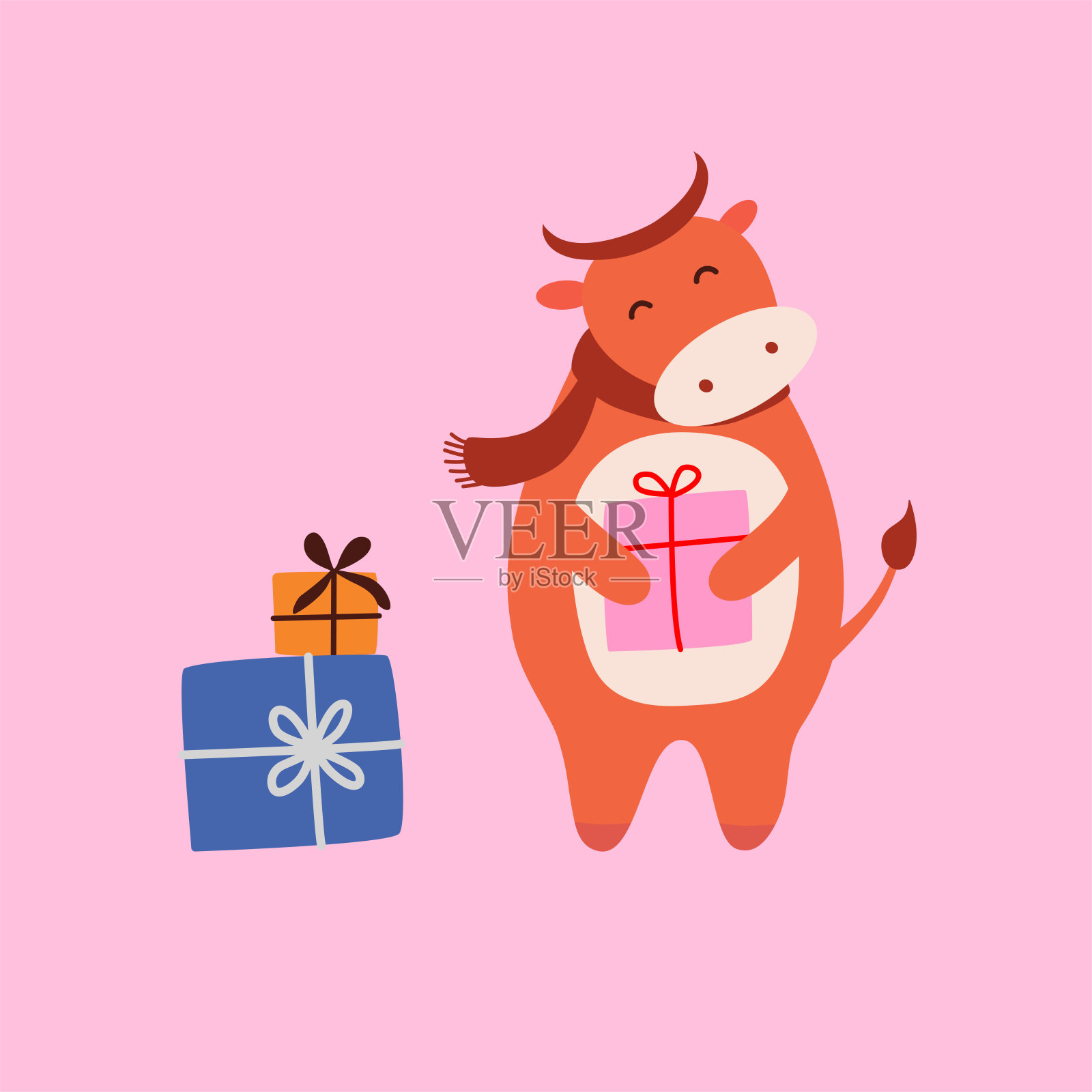 牛的性格与围巾，角和礼物插画图片素材