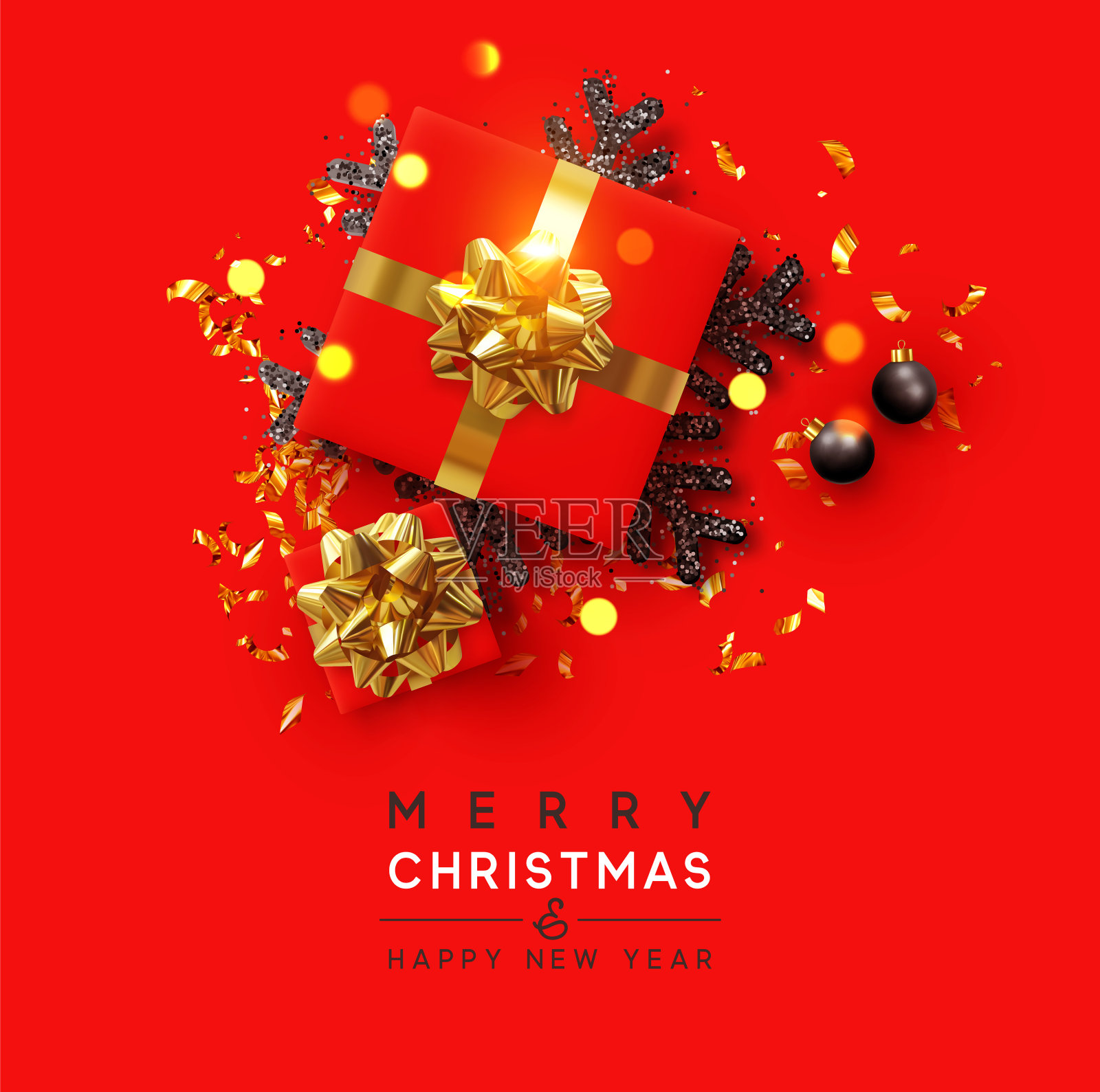 圣诞快乐，恭贺新禧。圣诞背景设计与现实的礼盒，黑色雪花和闪闪发光的金色纸屑。网络海报，贺卡。从上面观察的物体。平躺，俯视图设计模板素材