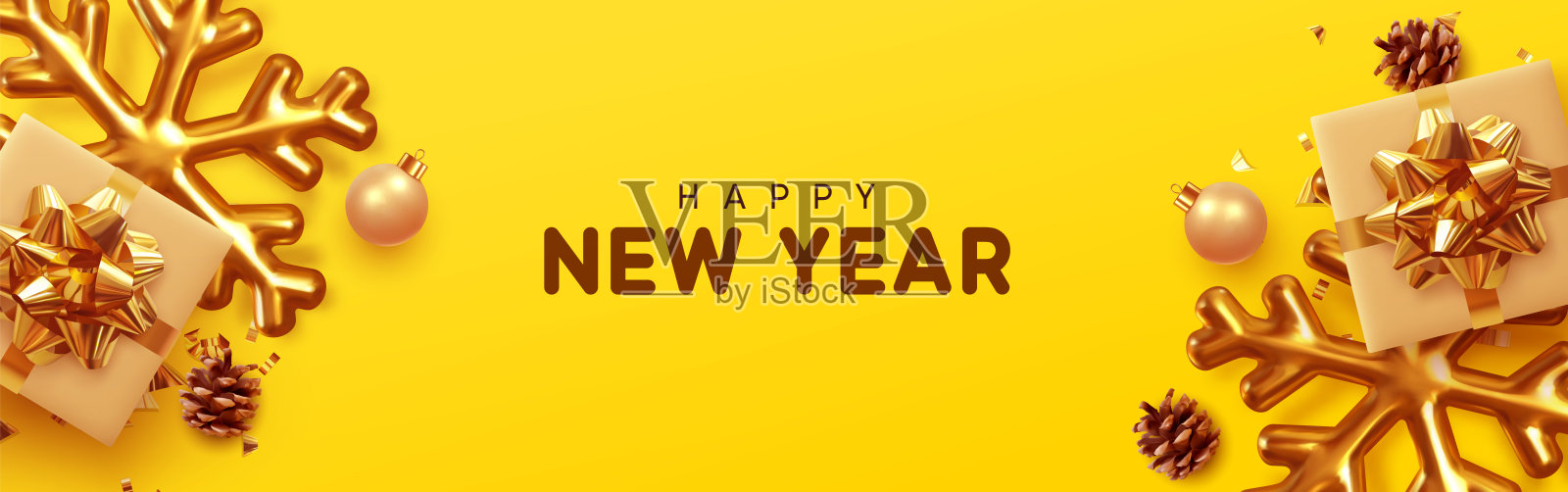圣诞节的旗帜。背景圣诞设计现实的礼盒，金色3d渲染雪花和闪闪发光的金色纸屑。横向圣诞海报，贺卡，标题，网站。平面俯视图插画图片素材