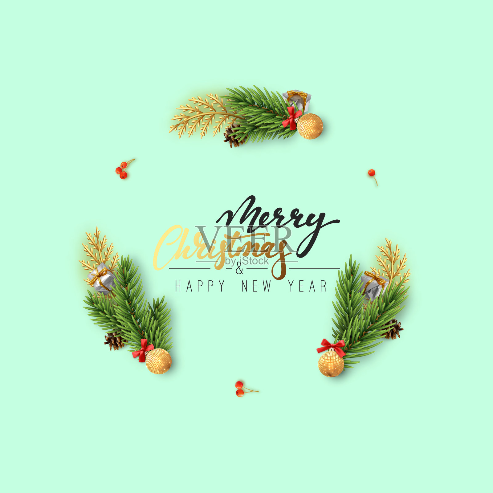 圣诞背景与松枝和圣诞球的圆形框架。插画图片素材