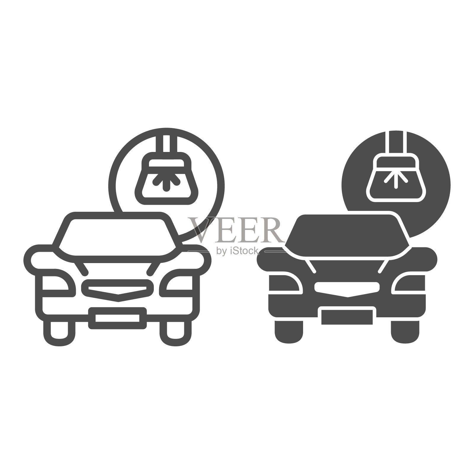 汽车和刷线和固体图标，清洁服务概念，洗车标志上的白色背景，洗车图标轮廓风格的移动概念和网页设计。矢量图形。图标素材