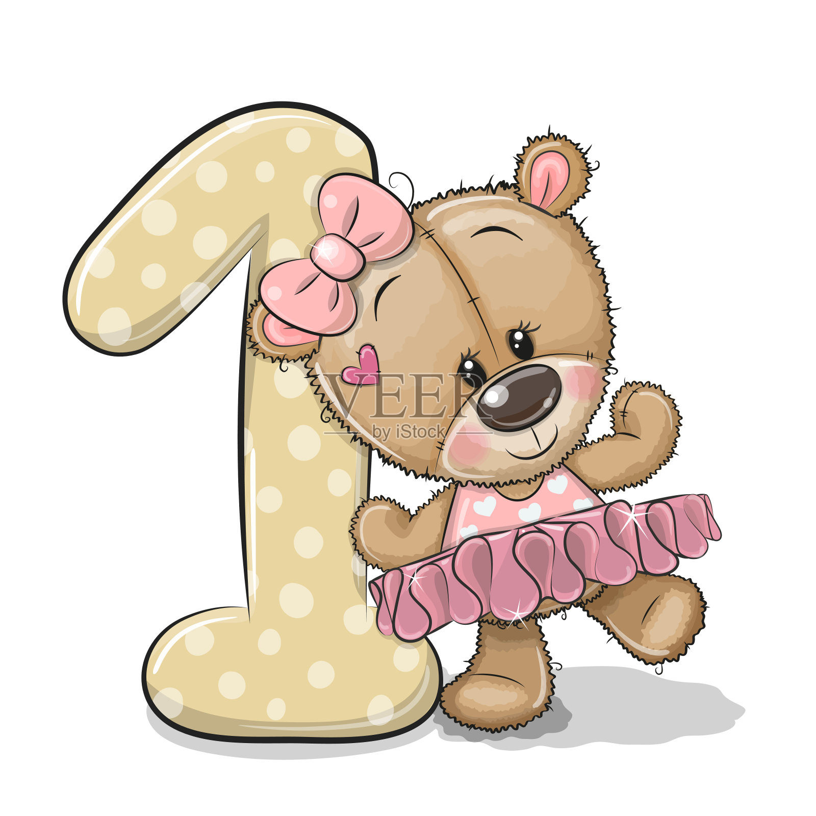 卡通泰迪熊女孩和一号在白色背景上孤立设计元素图片