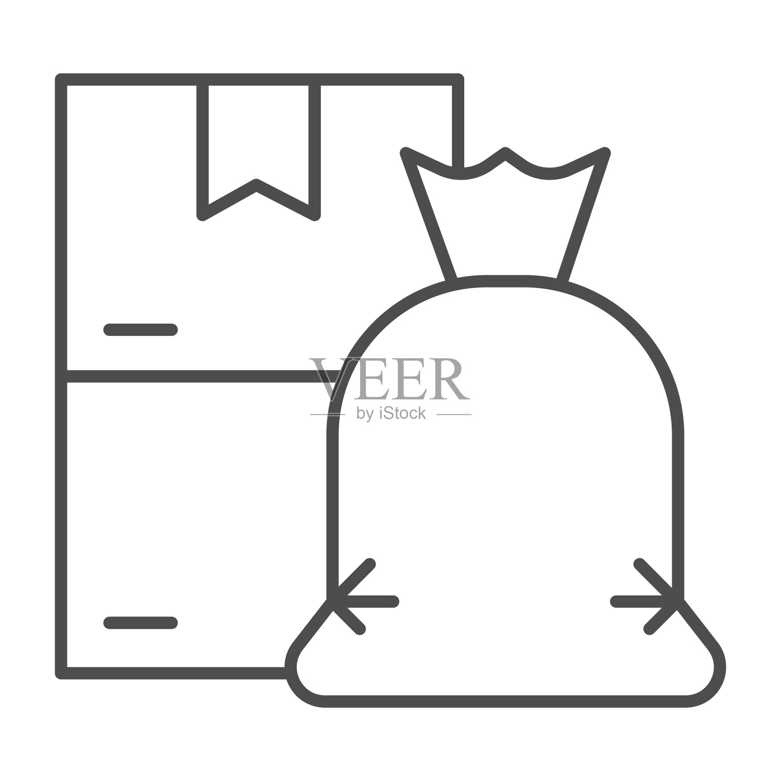 垃圾袋和纸板箱细线图标，清洁服务理念，分类垃圾标志在白色背景，垃圾在袋和空纸板箱的轮廓风格图标。矢量图形。插画图片素材