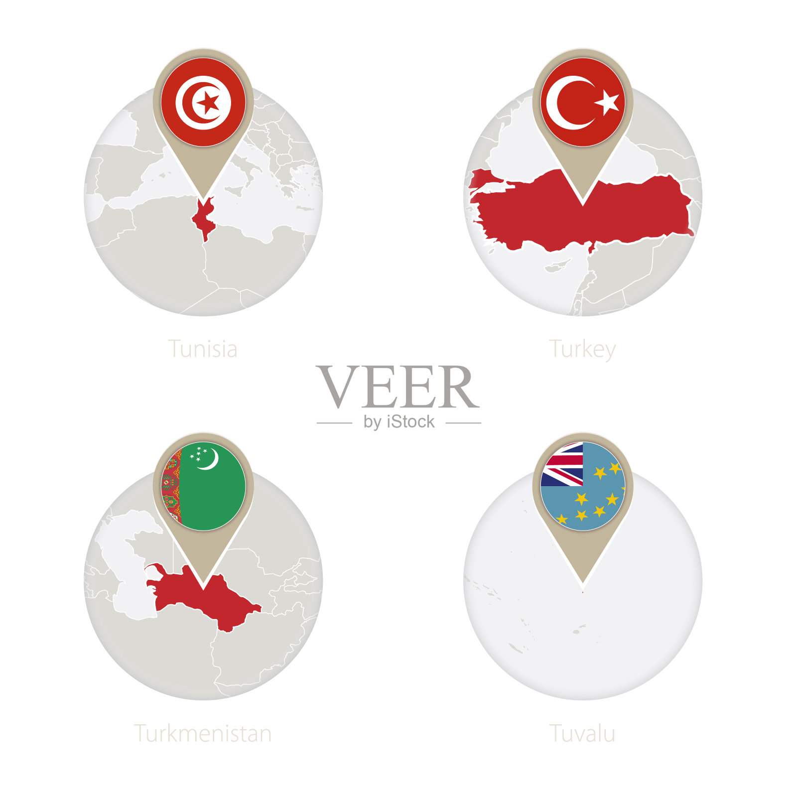 突尼斯，土耳其，土库曼斯坦，图瓦卢地图和旗帜的圆圈。插画图片素材