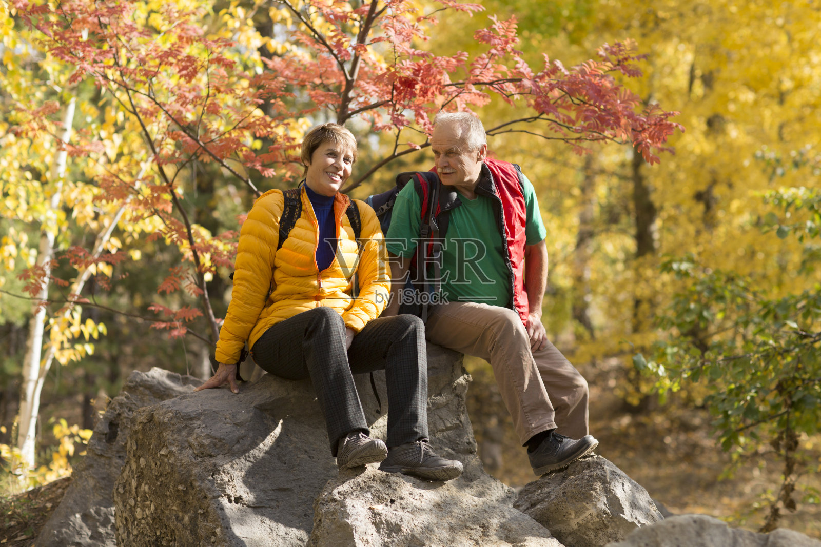 一对老年夫妇背着背包在秋天的大自然中散步。超本地旅游，家庭出游，度假，自然环境照片摄影图片
