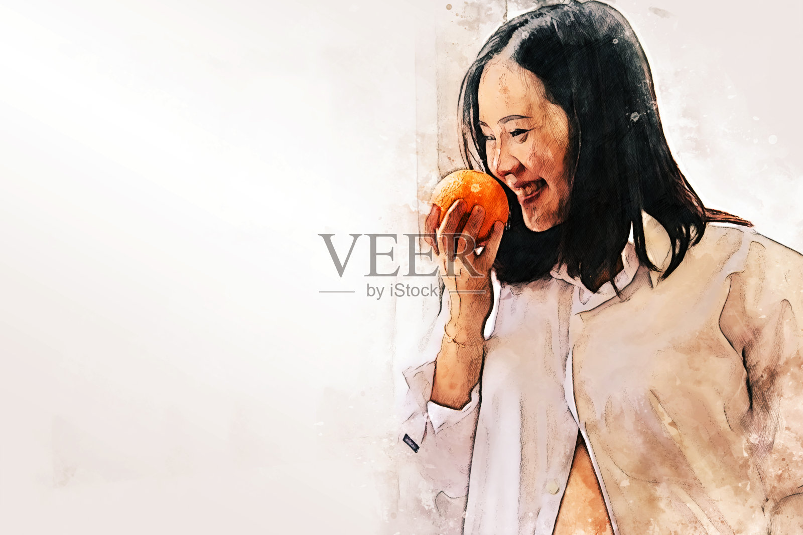 摘要七彩孕妇抱着水果吃着滋养子宫的水彩画插画背景。插画图片素材