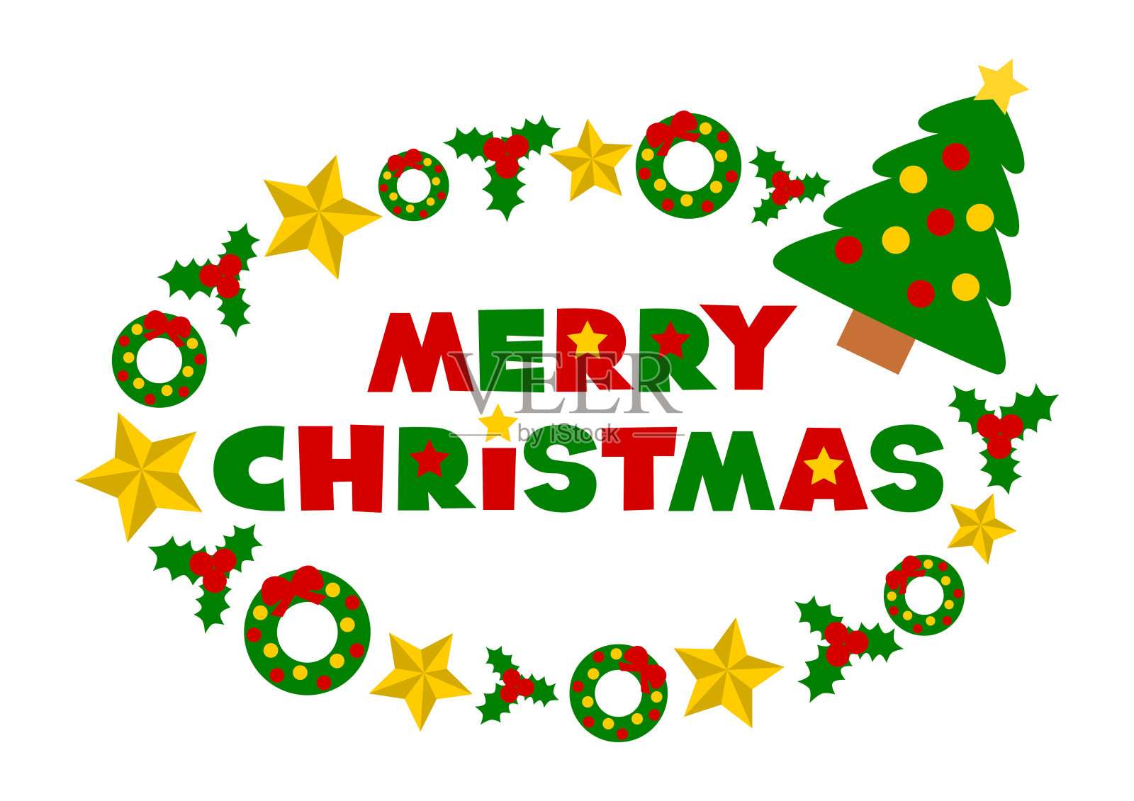 圣诞快乐。矢量插图的圣诞树，圣诞花环和星星。图标,标志,横幅。插画图片素材
