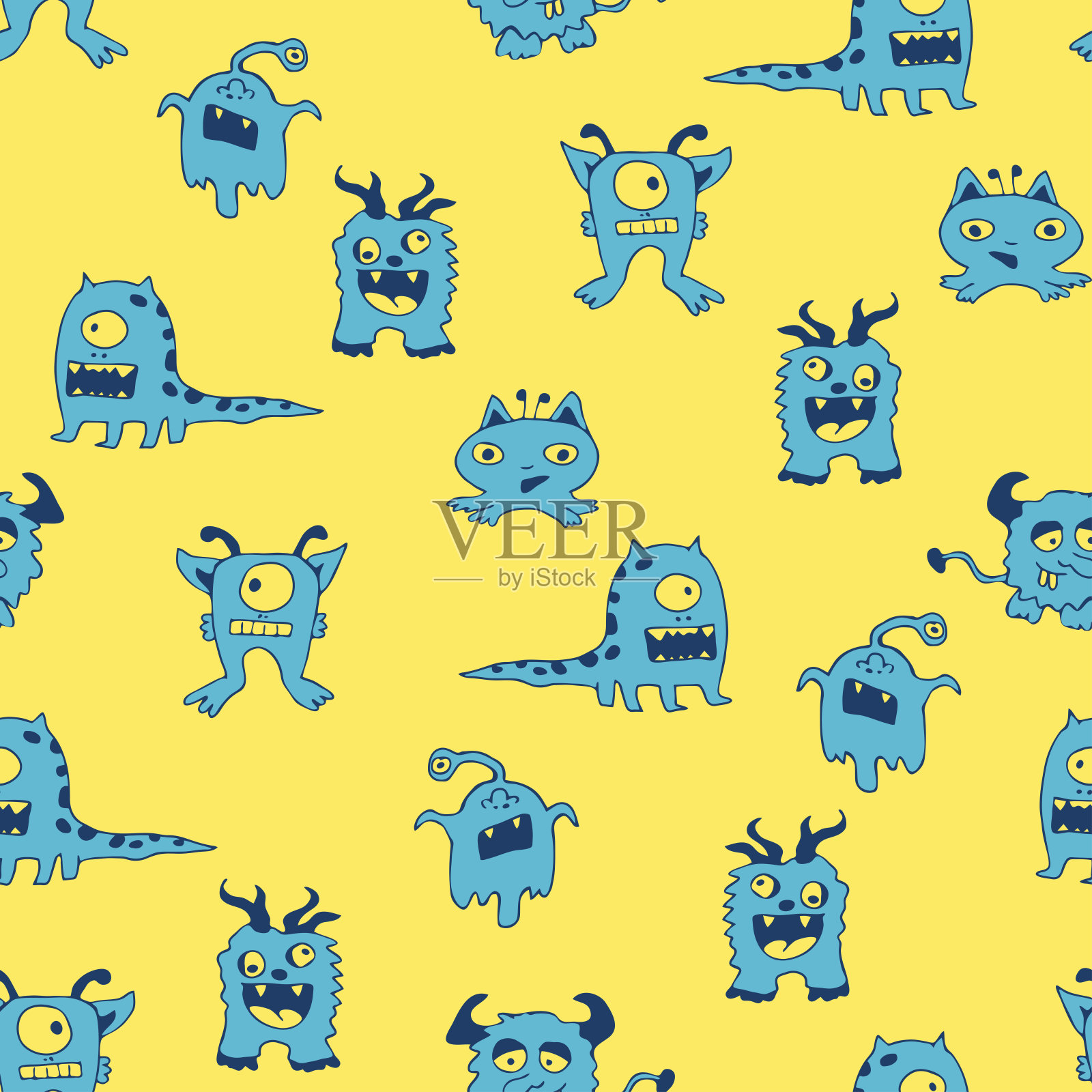 无缝矢量模式与卡通怪物在黄色的背景。简单有趣的儿童壁纸设计。孩子时尚纺织。插画图片素材