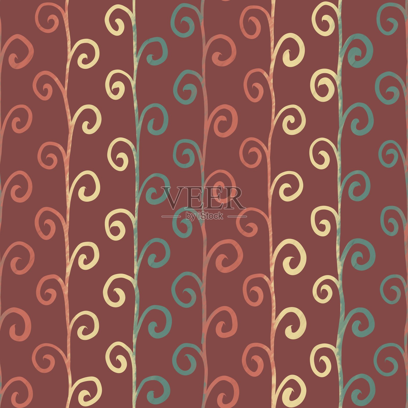 无缝图案手绘彩虹螺旋线上。多色的漩涡连接到条纹的红色，绿色和黄色的颜色孤立在红色的背景。纺织和包装插画图片素材