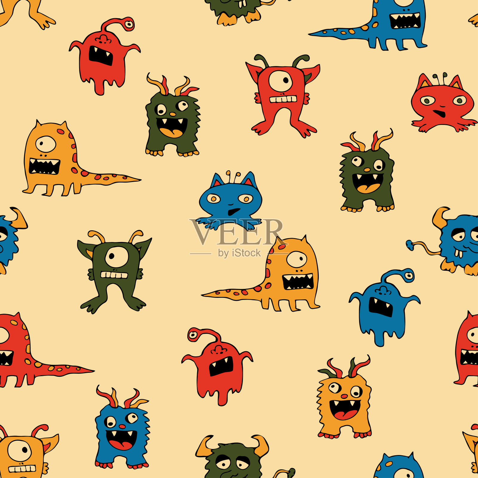 无缝矢量模式与彩色的怪物在粉红色的背景。简单的卡通儿童壁纸设计。漫画时尚纺织。插画图片素材