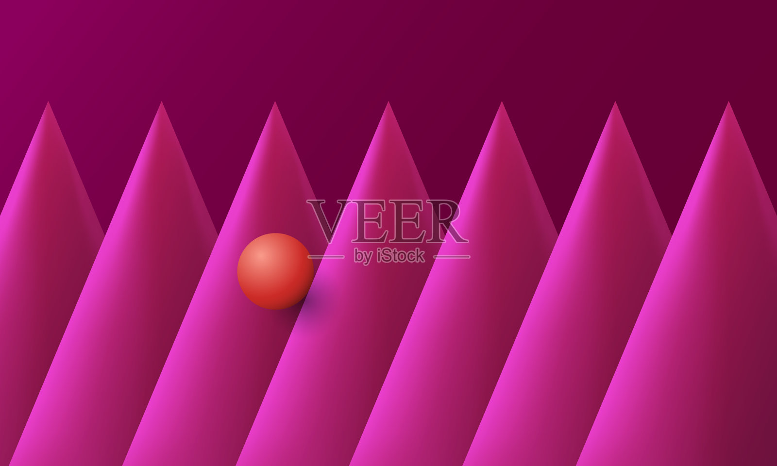 橙色球体滚下粉色锥体的3D效果。抽象几何背景。插画图片素材