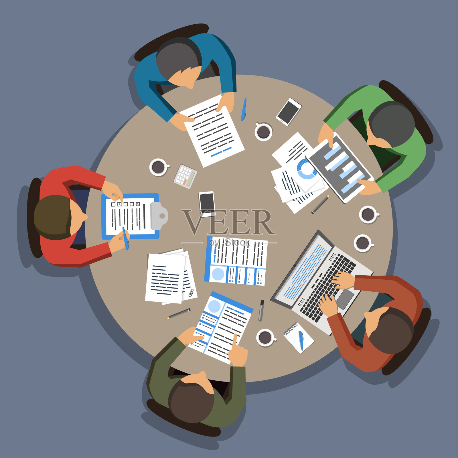 团队商务人员在圆形办公室工作插画图片素材