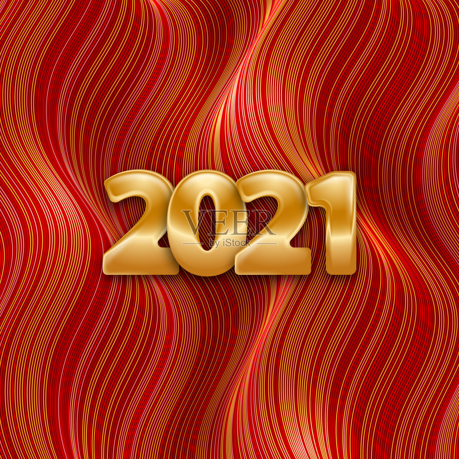 2021年新年快乐。节日红色条纹背景与金色数字3D。波浪的背景。波浪条纹的海报。矢量插图扭曲的表面。插画图片素材