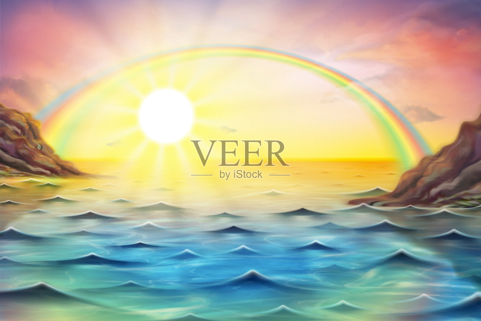 多彩的海洋沙滩日出插画图片素材