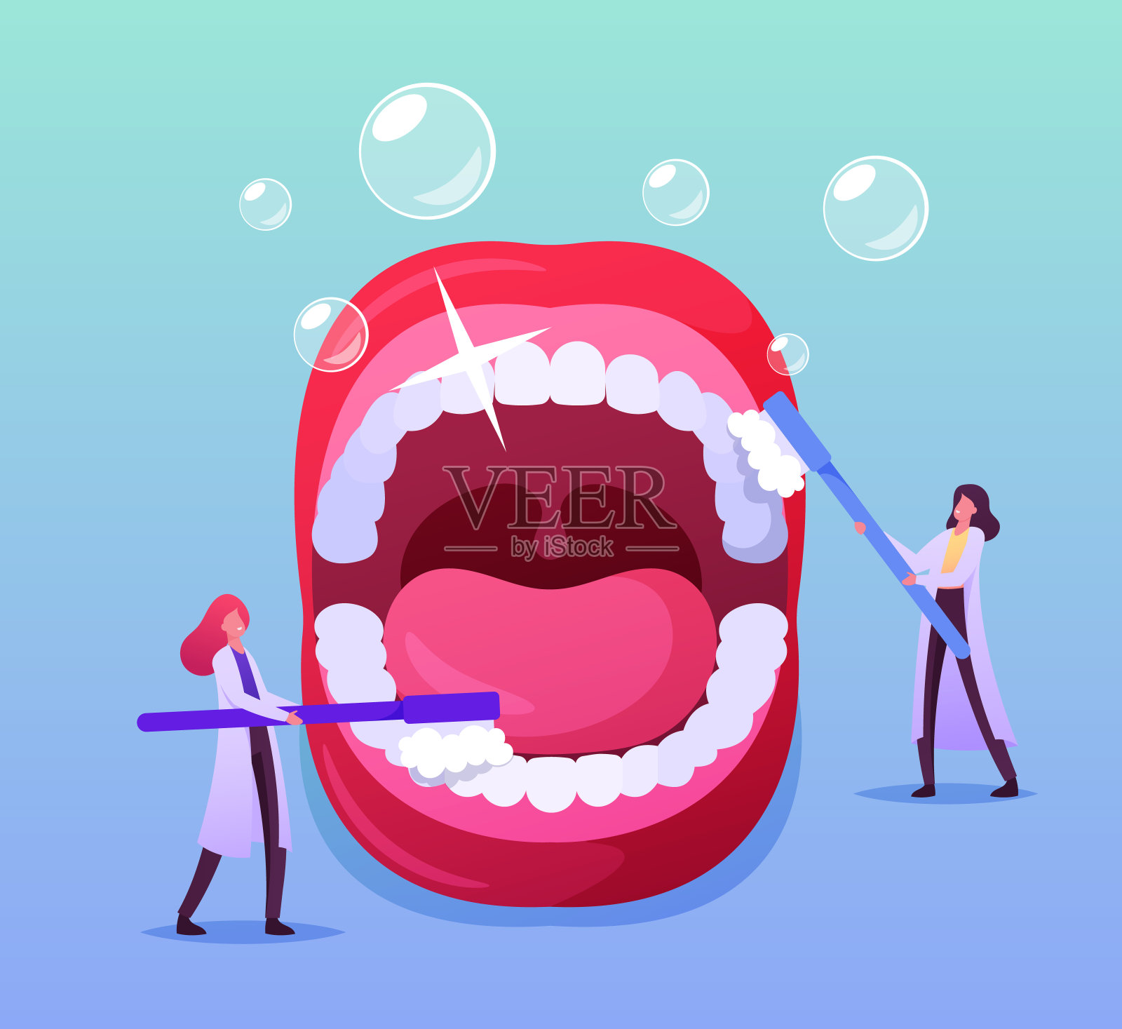 小牙医医生字用牙刷和牙膏护理张开的大牙齿，预防龋齿，口腔医学插画图片素材