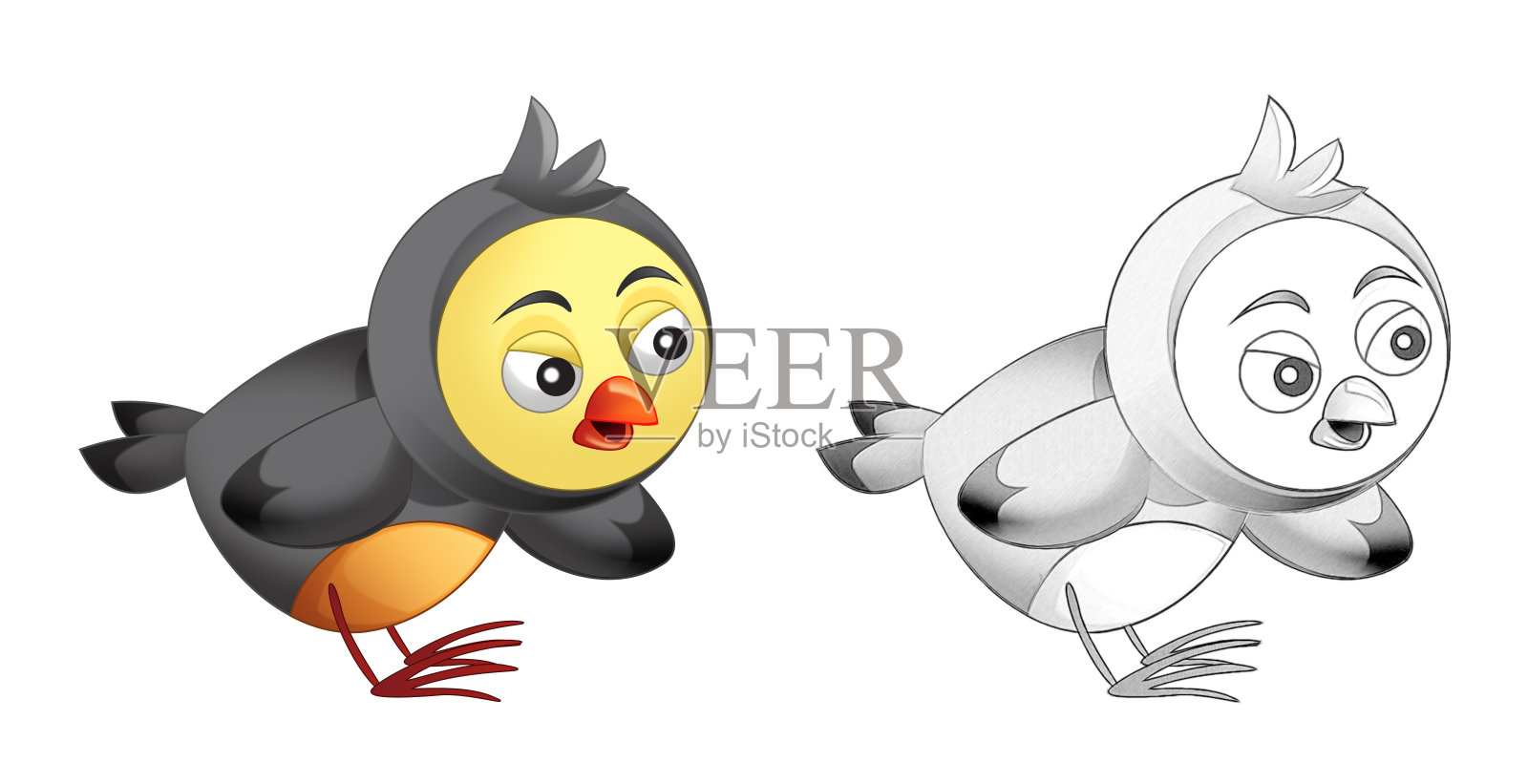 卡通滑稽农场，农场动物鸟与素描插图插画图片素材