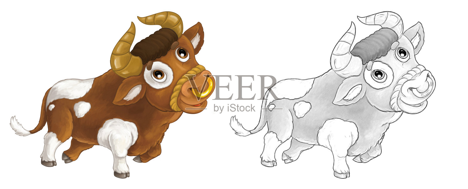 卡通素描场景农场动物-欢快的公牛在微笑和看着-艺术风格-插图插画图片素材