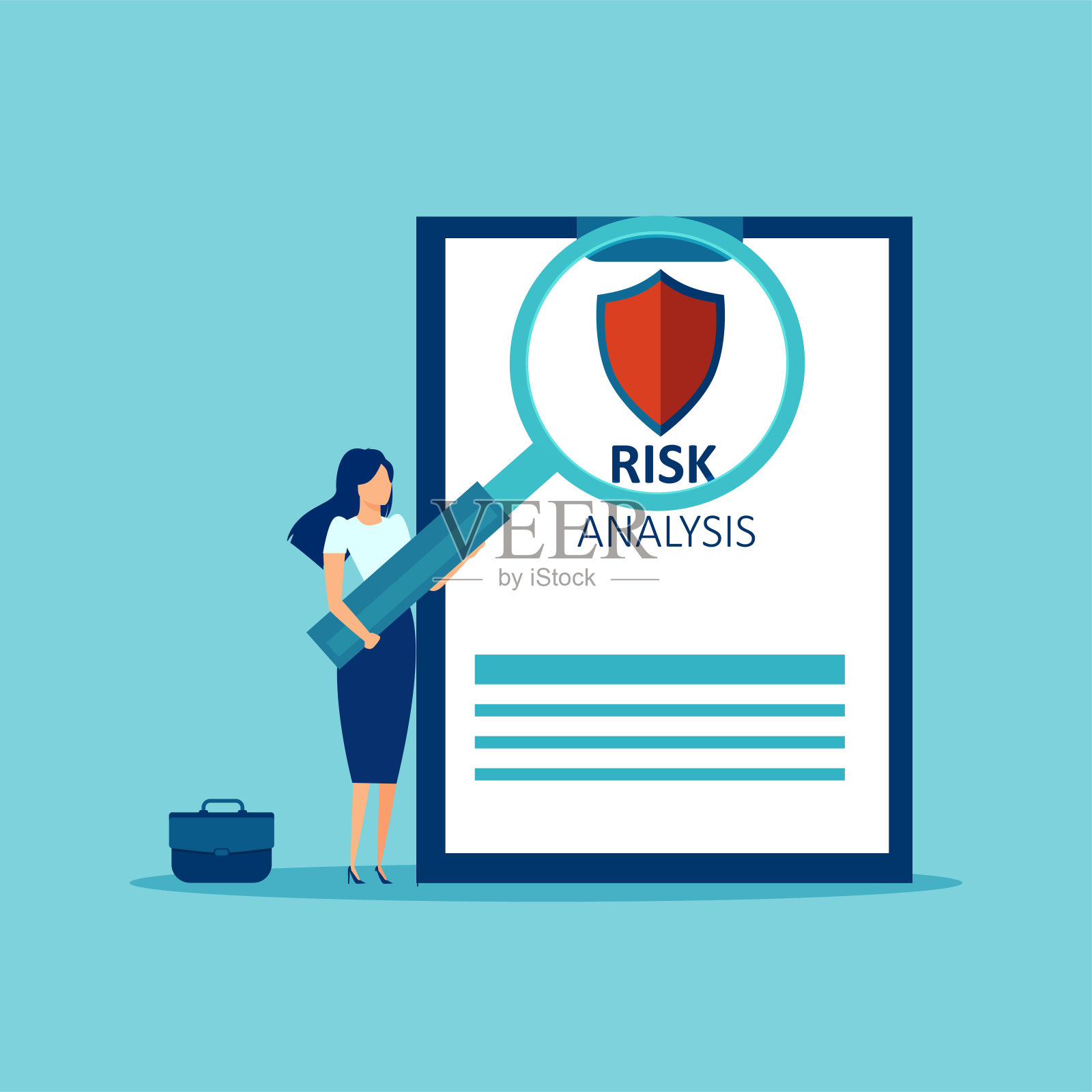 一个女商人用放大镜分析投资业务风险的矢量插画图片素材