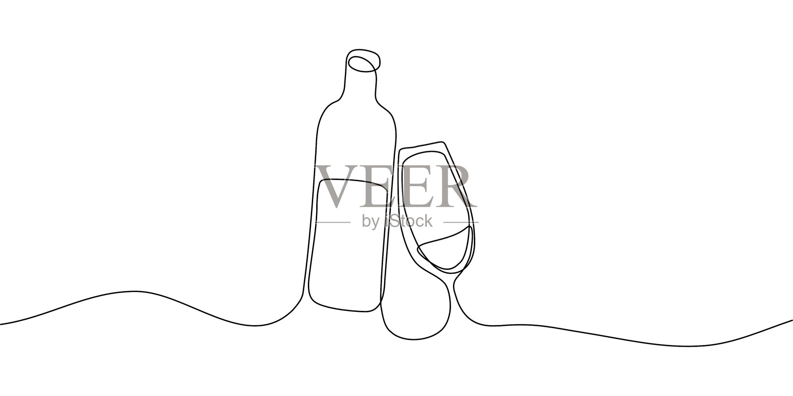 连续的线条画。一瓶和几杯葡萄酒。插画图片素材