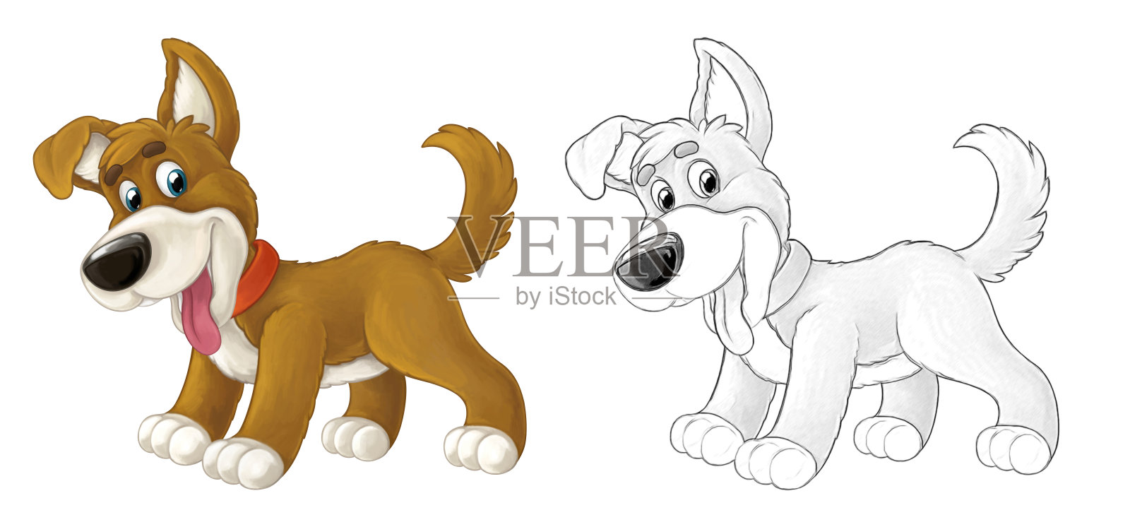 卡通素描场景狗是跳跃和看-艺术风格-插图设计元素图片