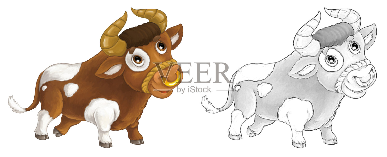 卡通素描场景农场动物-欢快的公牛在微笑和看着-艺术风格-插图插画图片素材