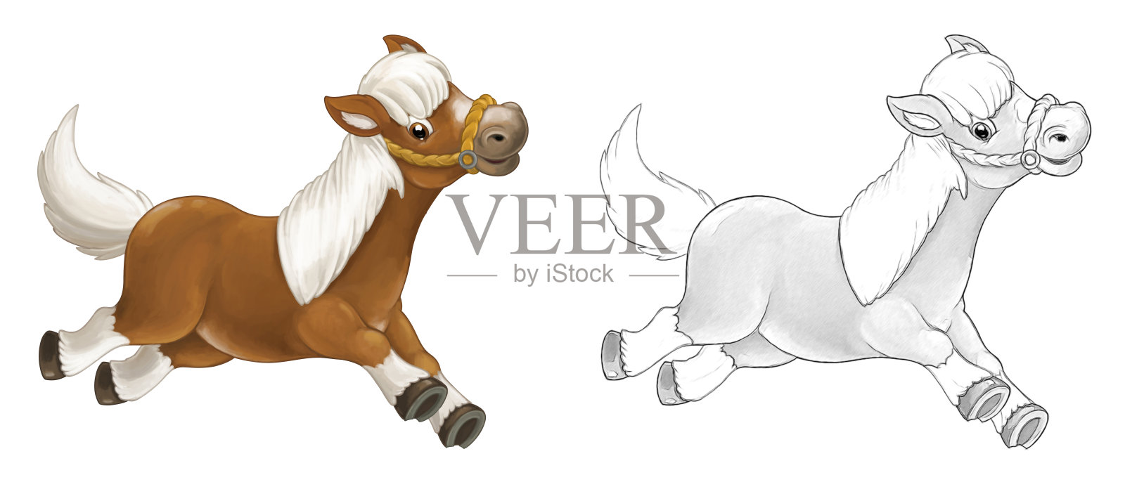 卡通小品场景，马站着笑着看-艺术风格-插图插画图片素材