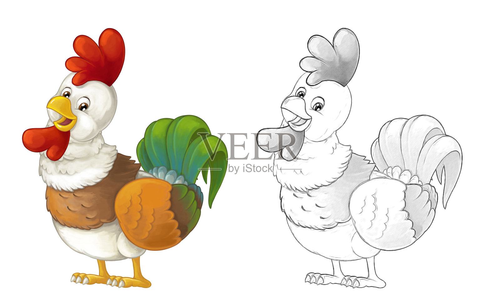 以农场动物为背景的卡通小品场景-笑嘻笑的公鸡站着看着-艺术风格-插画插画图片素材