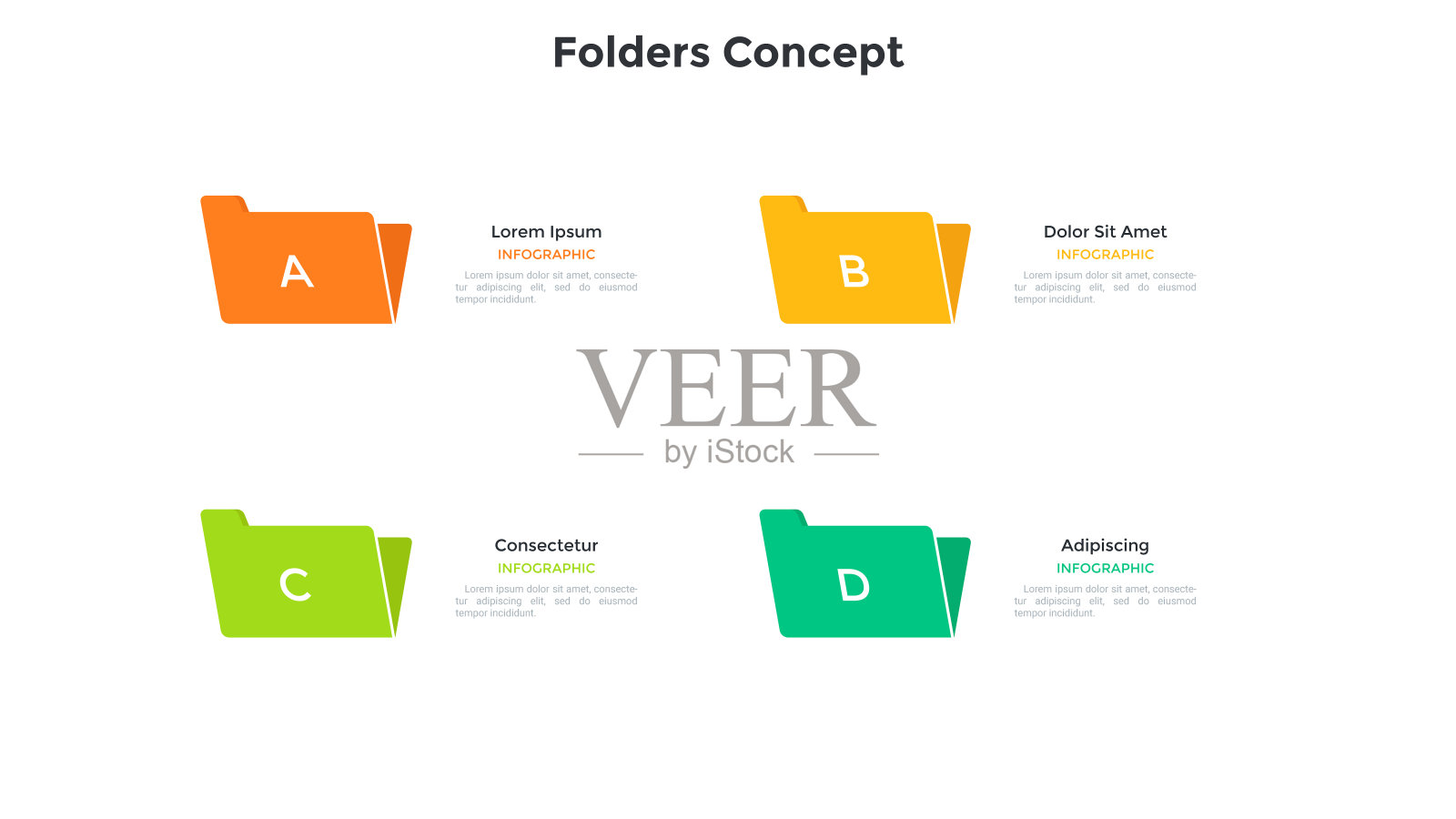 四个彩色的文件夹。业务数据存储的概念，文件组织，组织和管理信息在档案。简单的信息图表设计模板。现代平面矢量插图。设计模板素材