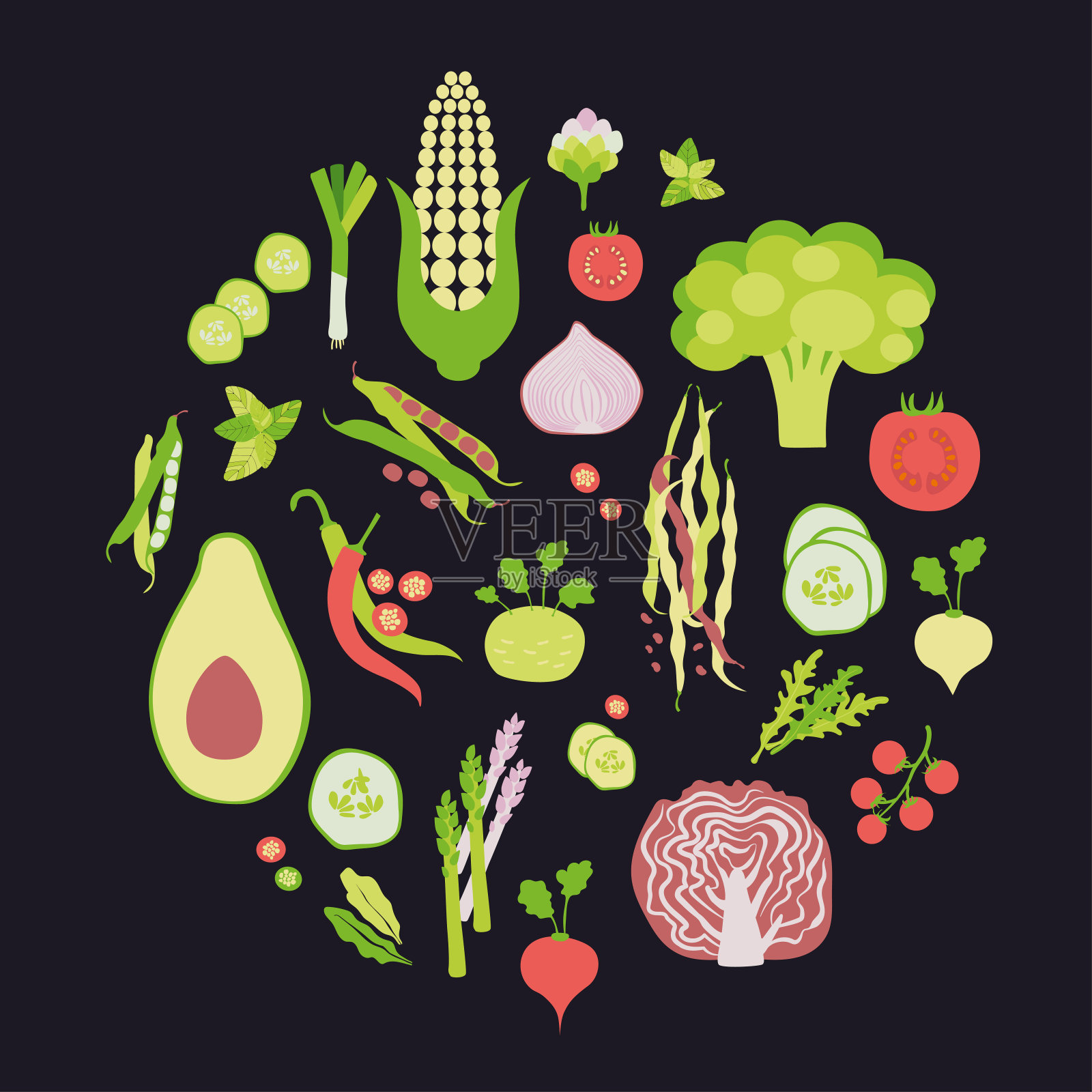 蔬菜矢量圈深色背景。插画图片素材