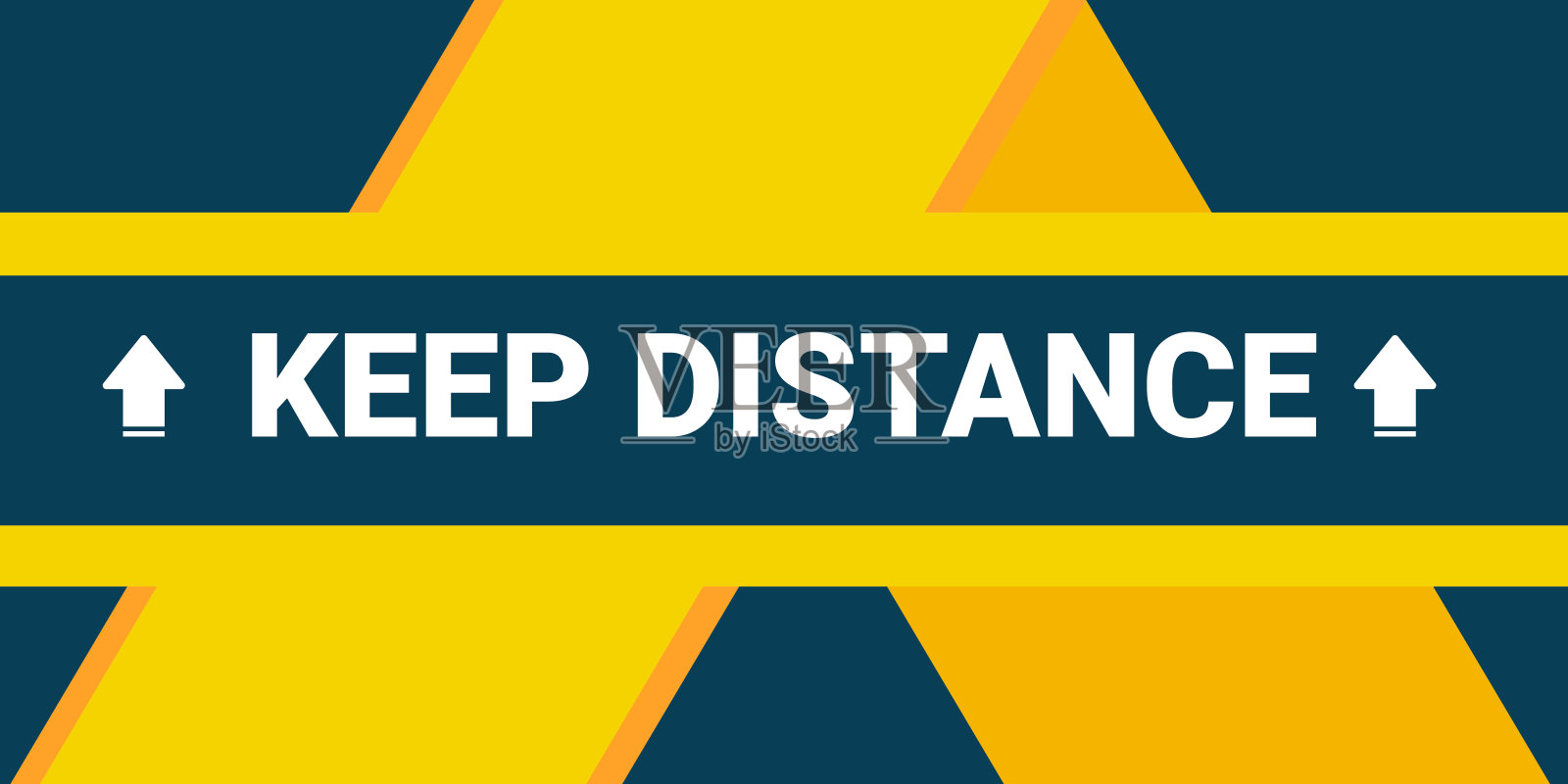 与箭保持距离。水平地板标记横幅。社会距离。矢量图像。人多的公共场所的贴纸。用黄色和蓝色插画图片素材