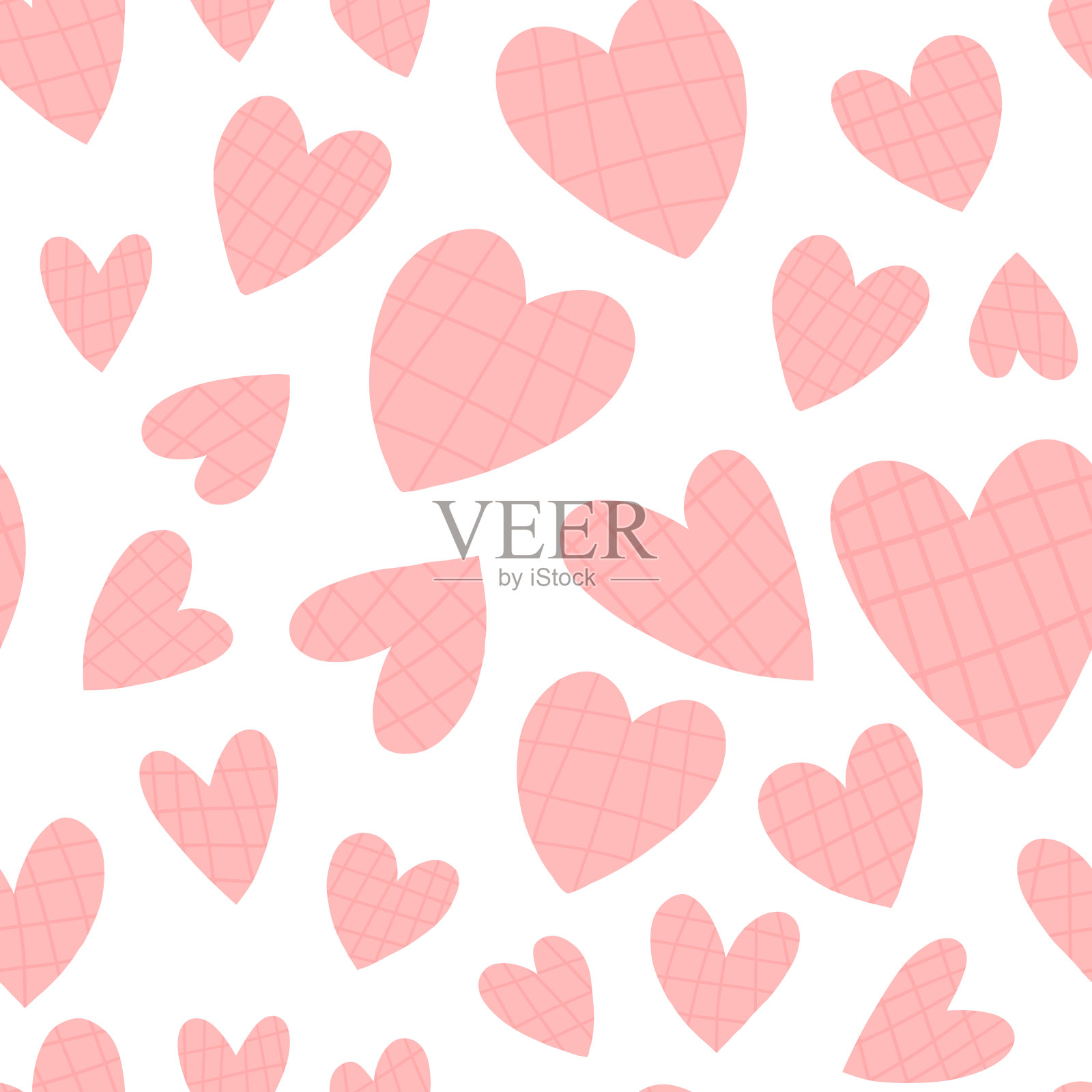 矢量无缝模式在孤立的背景与各种手绘粉红色格子纹理心。可用于纺织、织物印花、覆盖等。插画图片素材