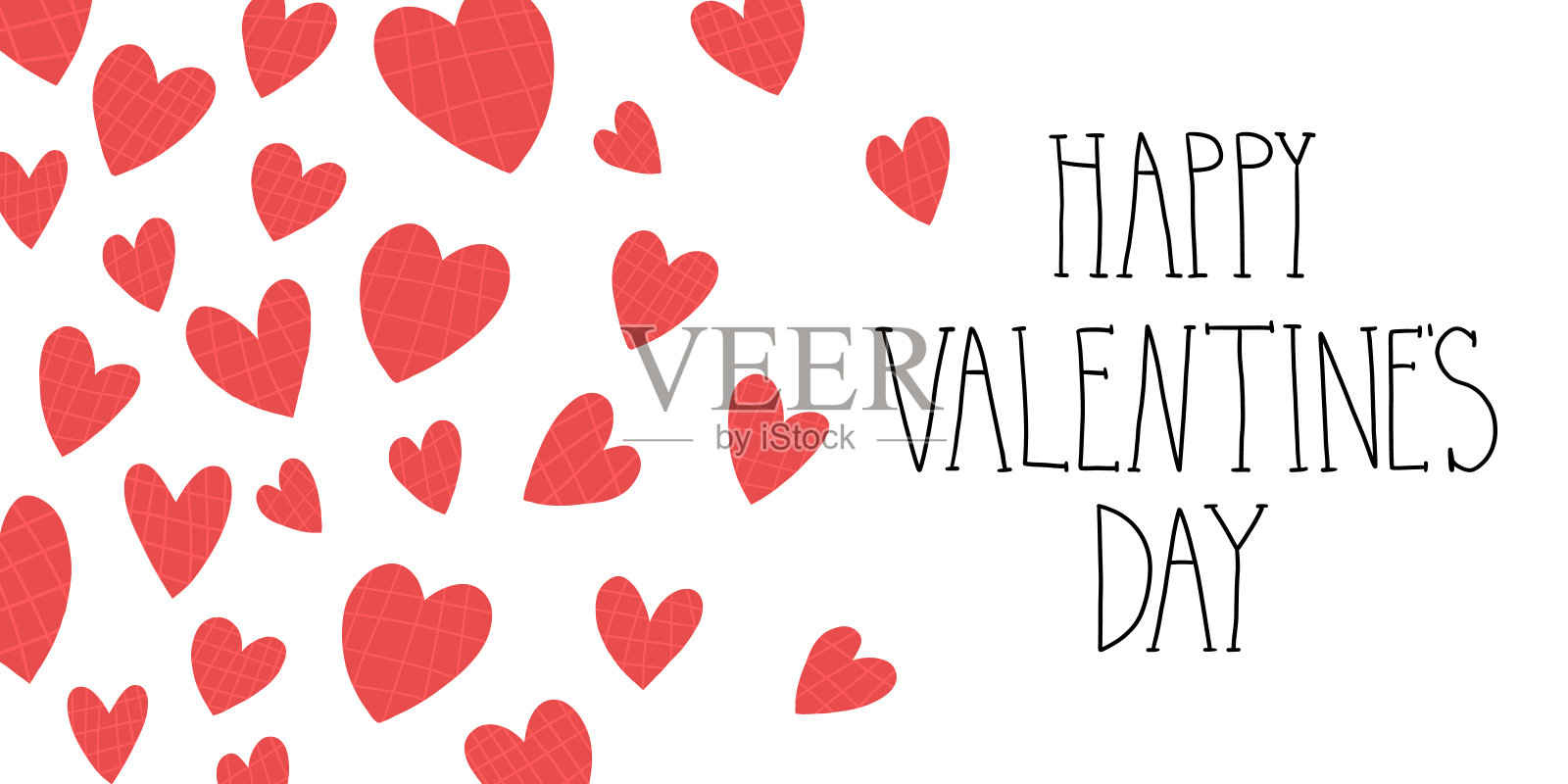 浪漫的贺卡，可爱的横幅设计。许多红色格子图案的心和手写的情人节快乐。向量孤立的插图。插画图片素材