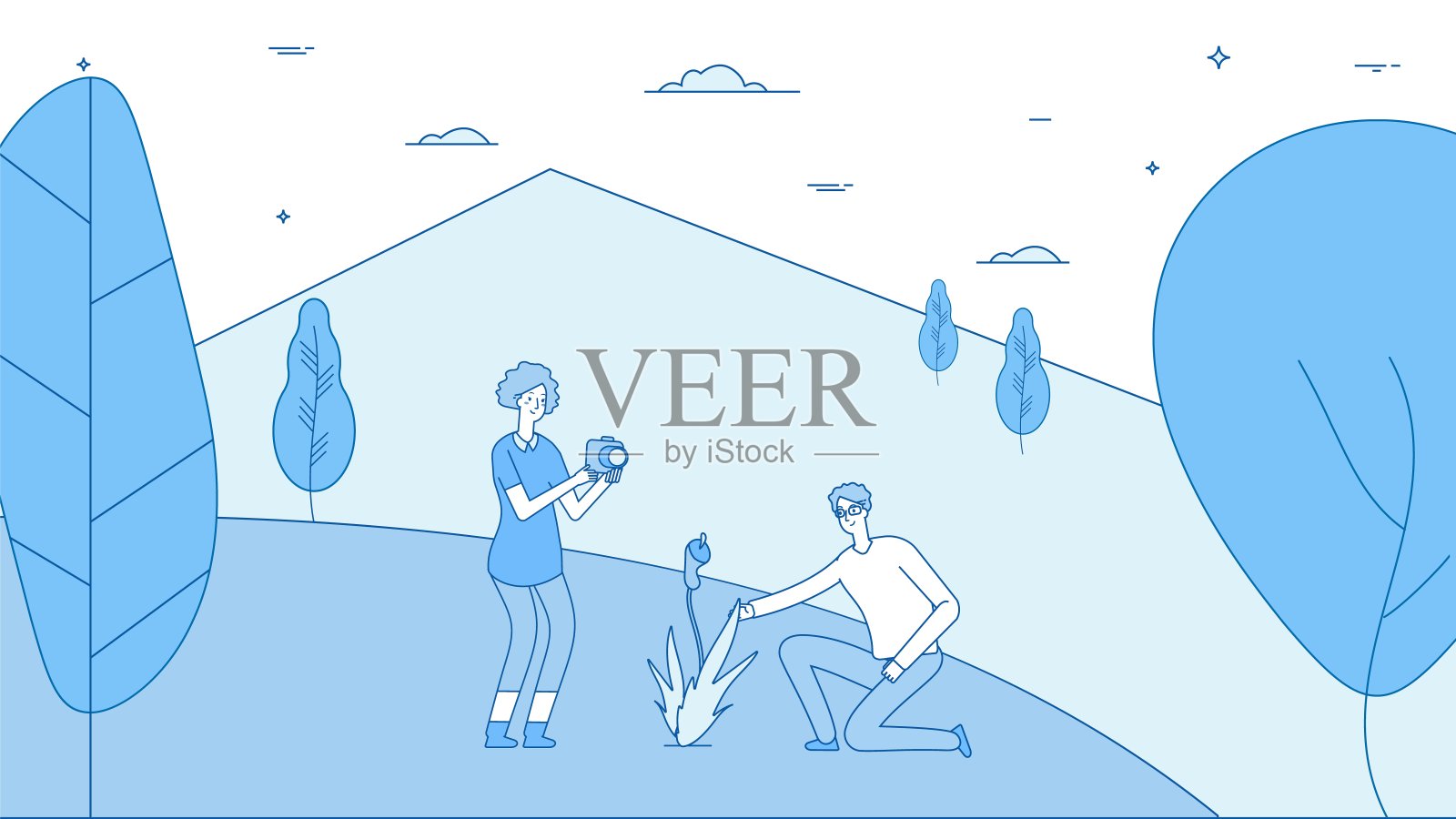 度假的本性。旅行情侣，女人拍照片。植物考察，生物学家工作。男人女人在森林或公园矢量插图插画图片素材