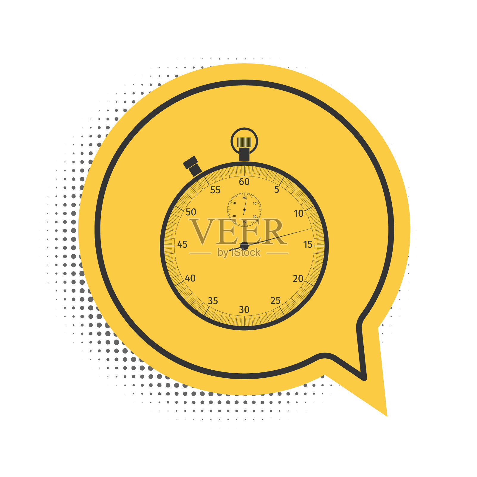 白色背景上的黑色经典秒表图标。定时器图标。计时器标志。黄色语音气泡符号。矢量图插画图片素材