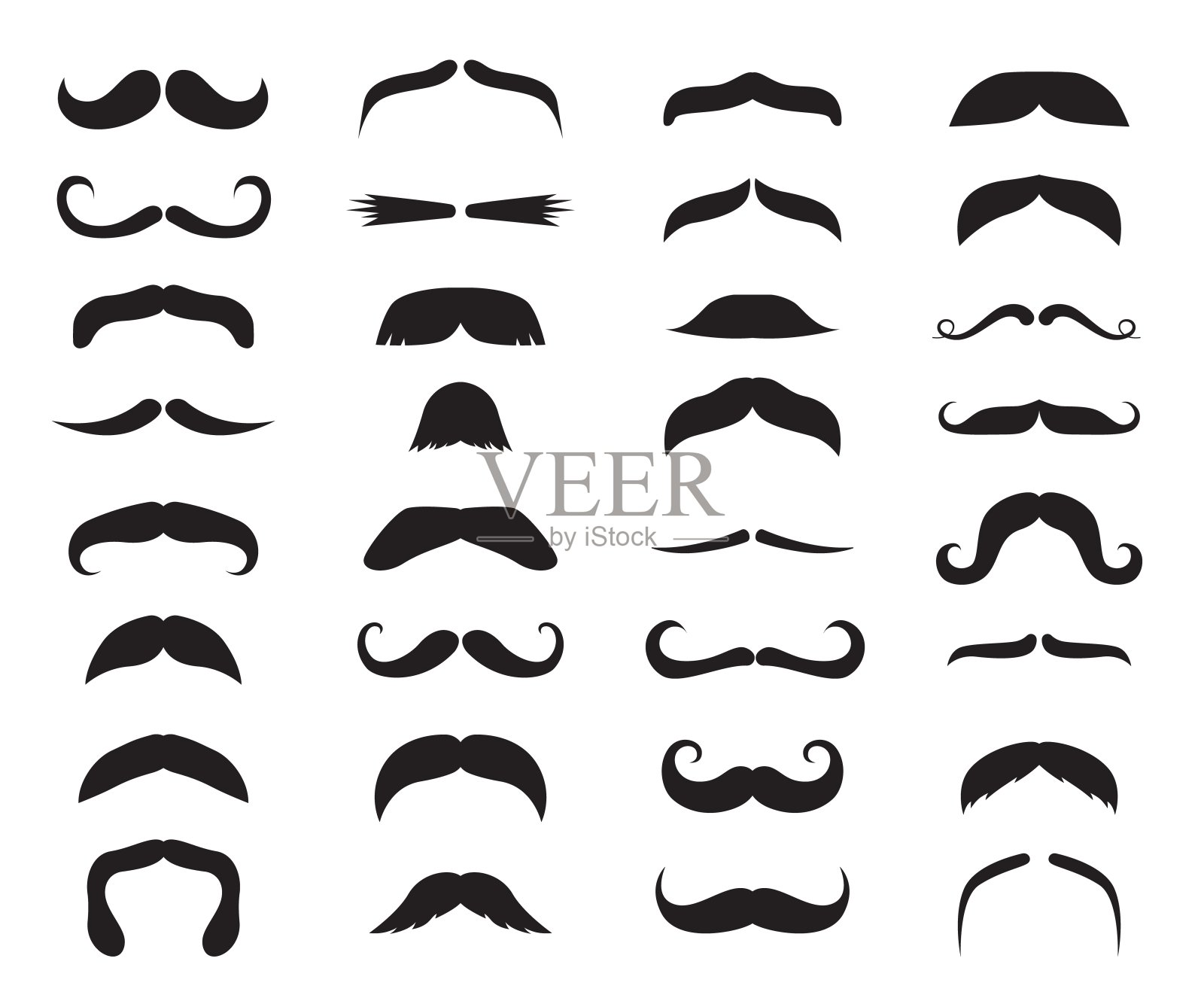 胡子图标。黑色的小胡子，男人的配饰或道具。理发店，先生们做面部理发模特。孤立的潮人时尚向量集插画图片素材