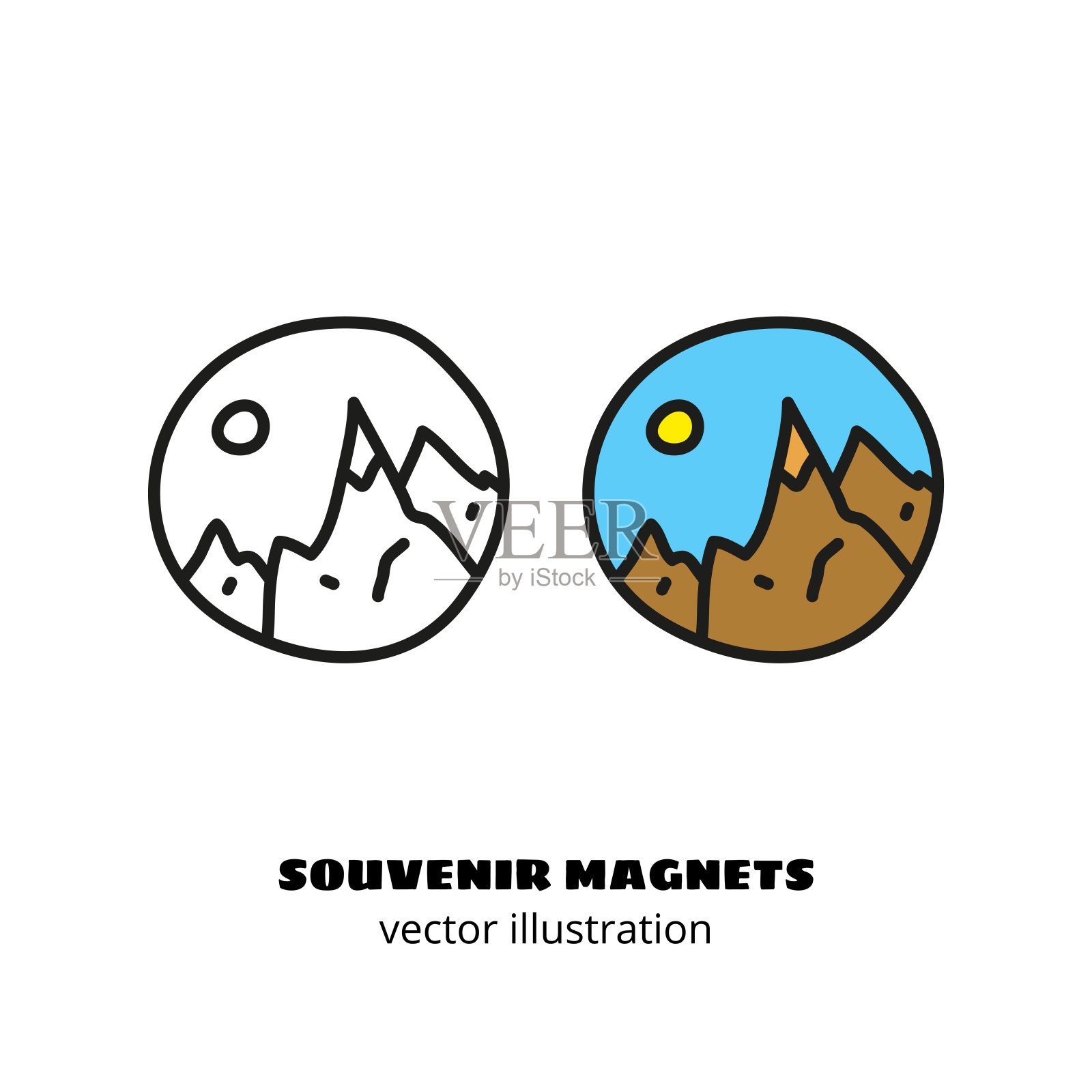 带有山脉的涂鸦纪念品磁铁。插画图片素材