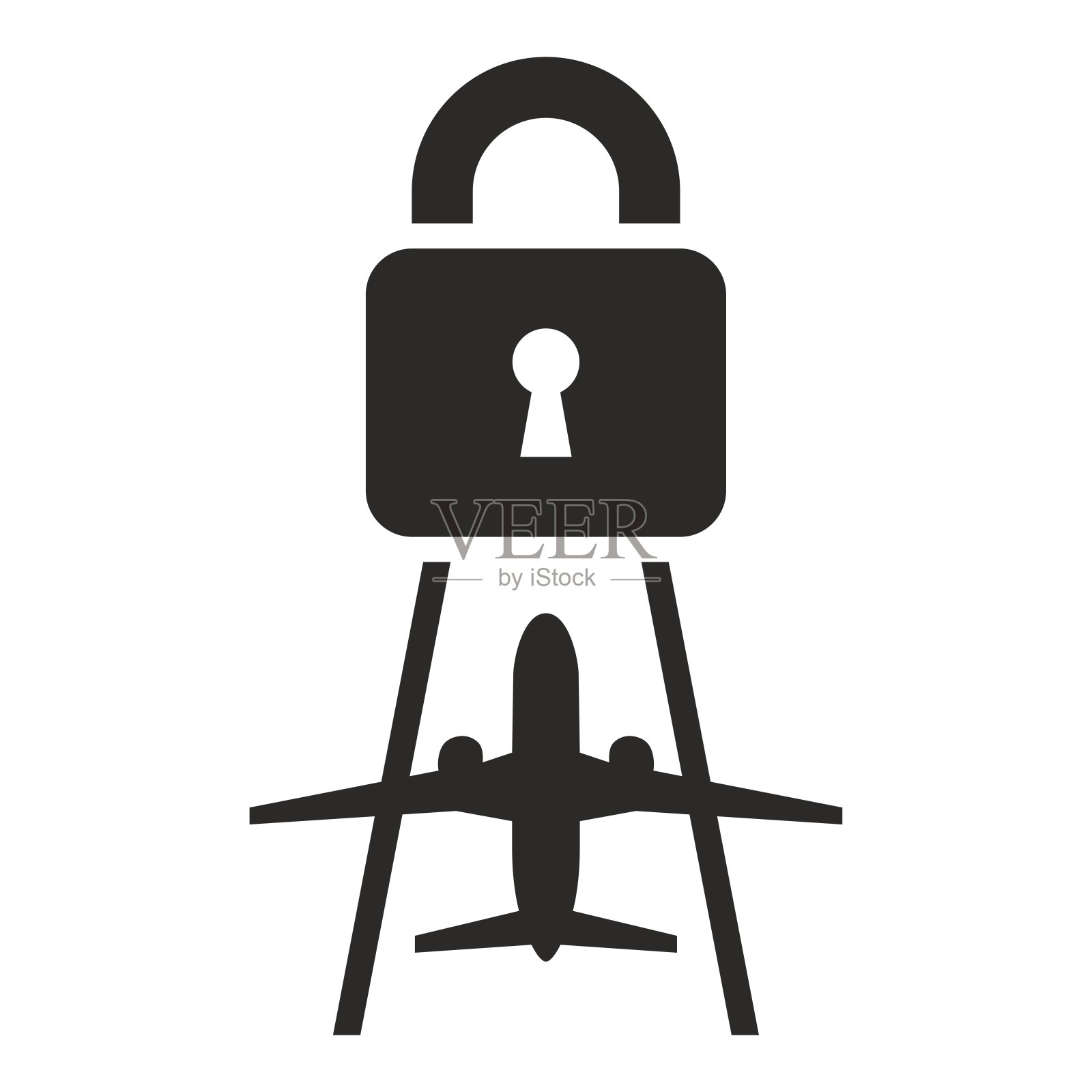 新冠肺炎疫情期间的航空旅行。锁定图标。跑道上有挂锁。客机。飞机。插画图片素材