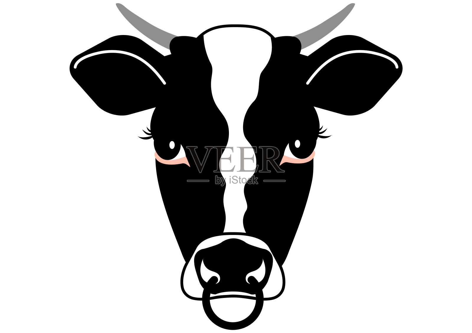 从前面看有角和鼻环的牛脸插画图片素材