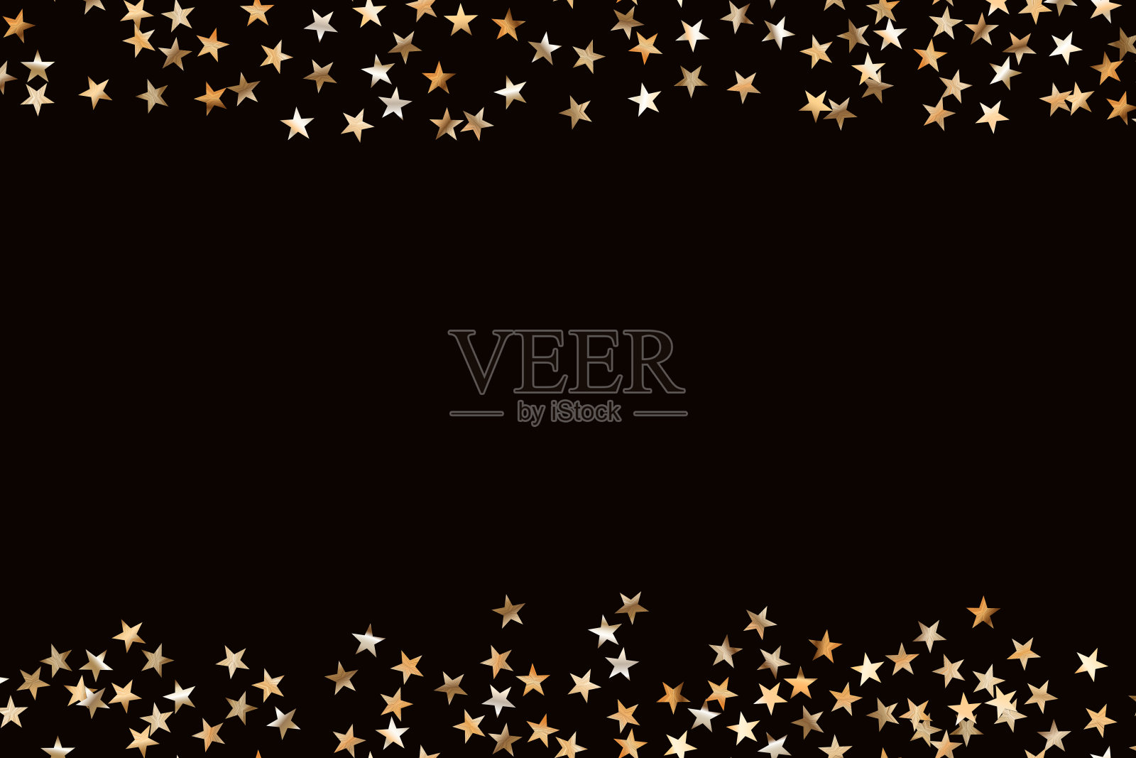 星星金色的闪光的纸屑孤立在模糊抽象的黑色背景上。节日的背景。庆祝活动的概念。下落的魔法金颗粒。邀请模拟。俯视图，平放。插画图片素材