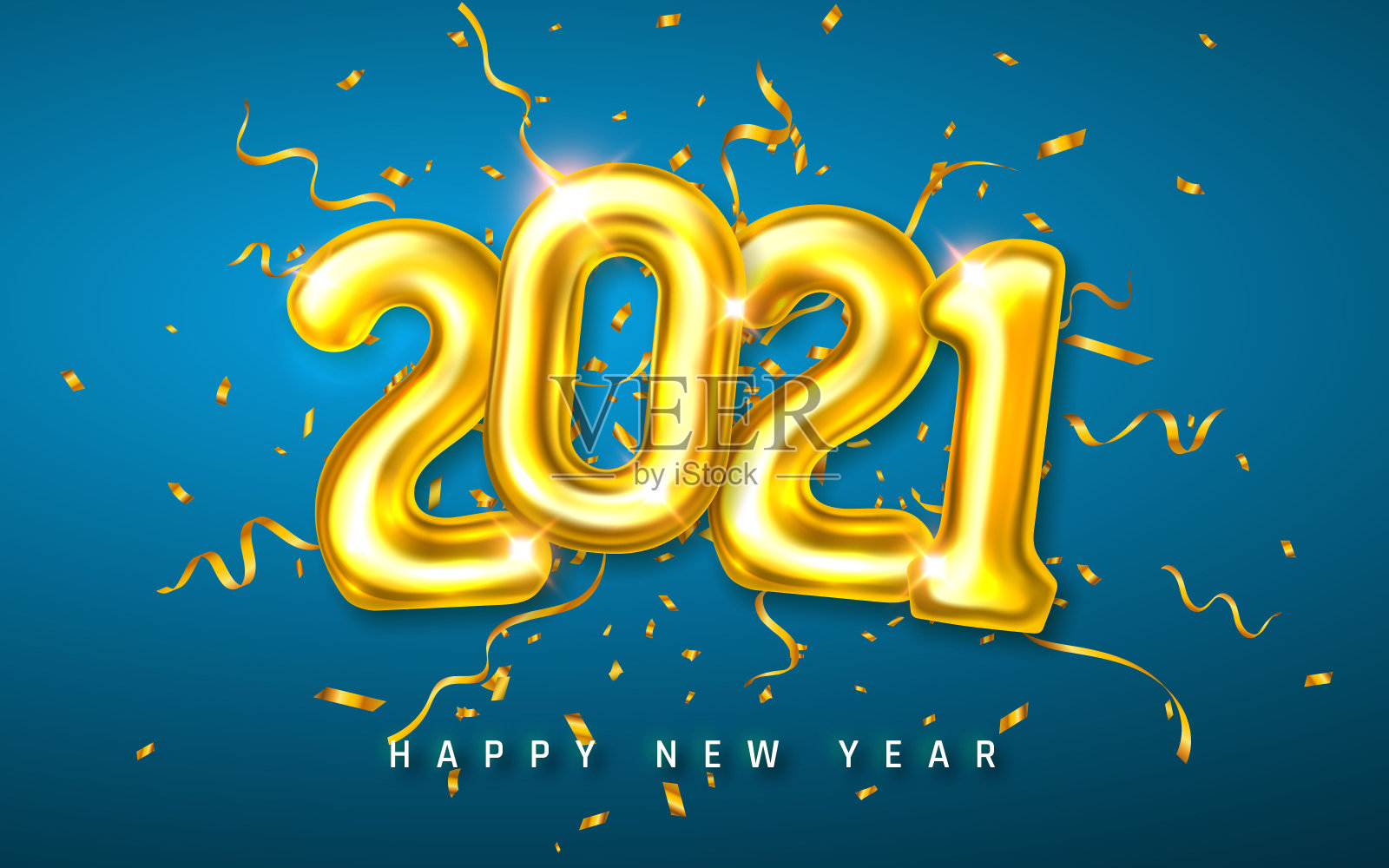 2021年新年封面。金色氦气球编号为2021，蓝色背景上有五彩纸屑。矢量图插画图片素材