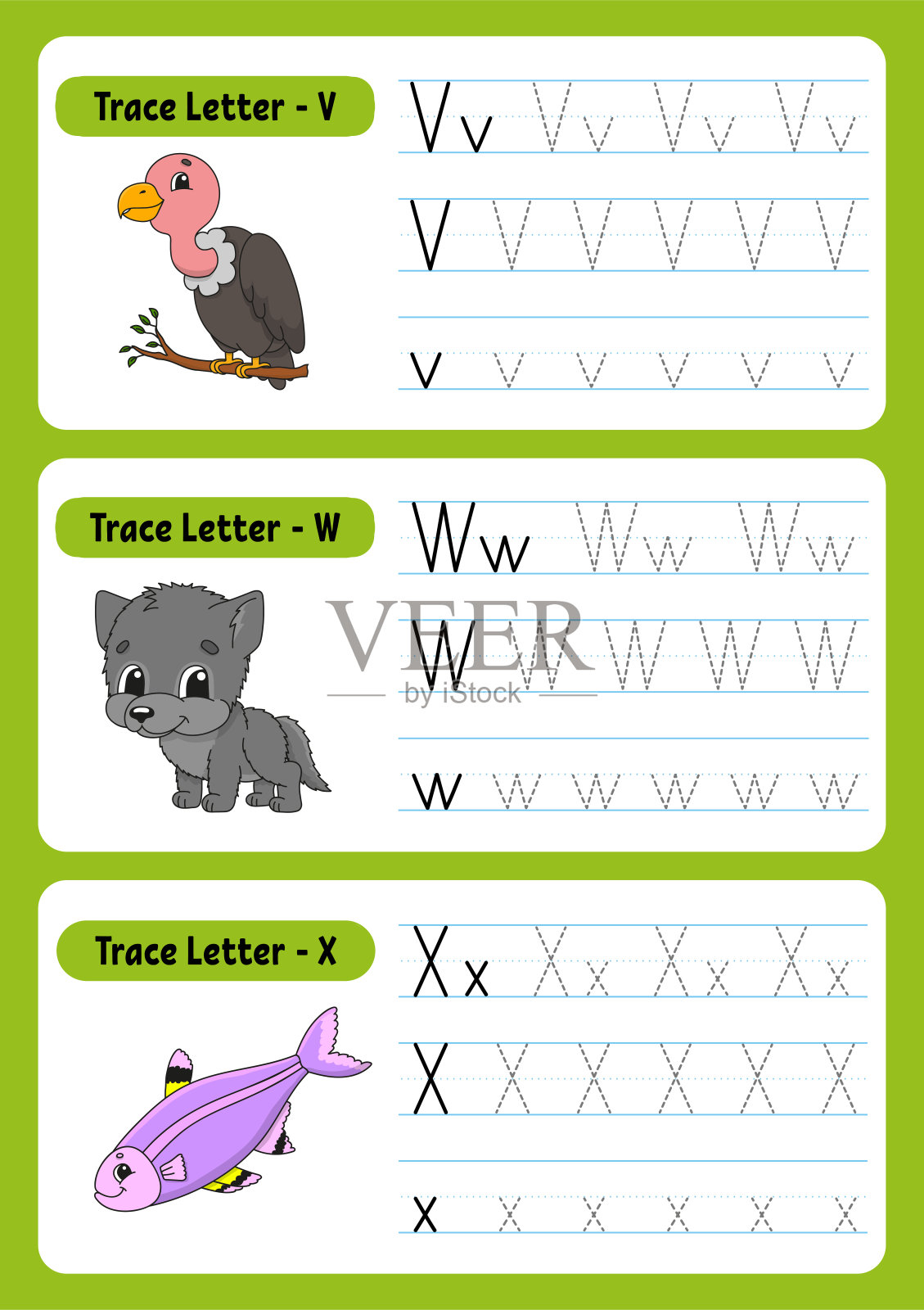 写信。跟踪页面。练习单。工作表的孩子。锻炼对幼儿园。学习字母表。可爱的人物。矢量插图。卡通风格。插画图片素材