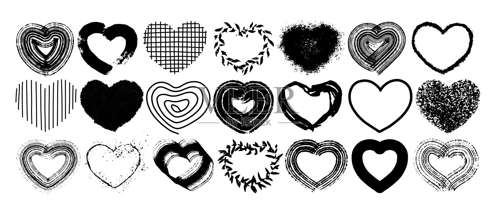 一套用墨水手绘的心型速写。矢量图插画图片素材